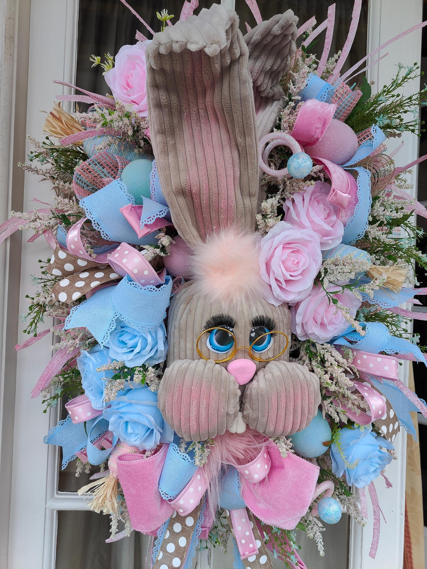 Easter bunny wreath pastel pink and baby blue large XL deluxe large ear rabbit