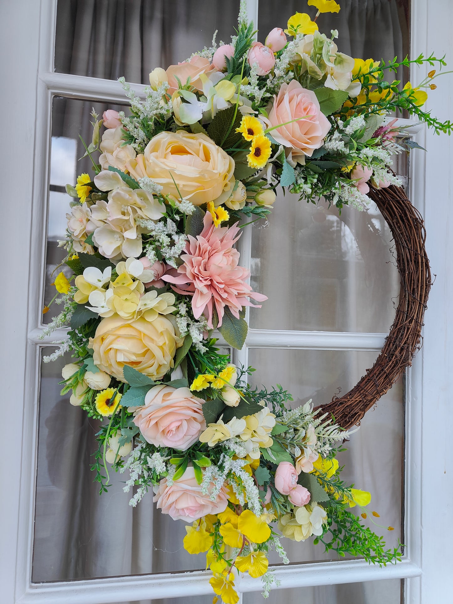Lemon yellow wreath vintage rose pink large half moon grapevine wreath Spring Summer florals