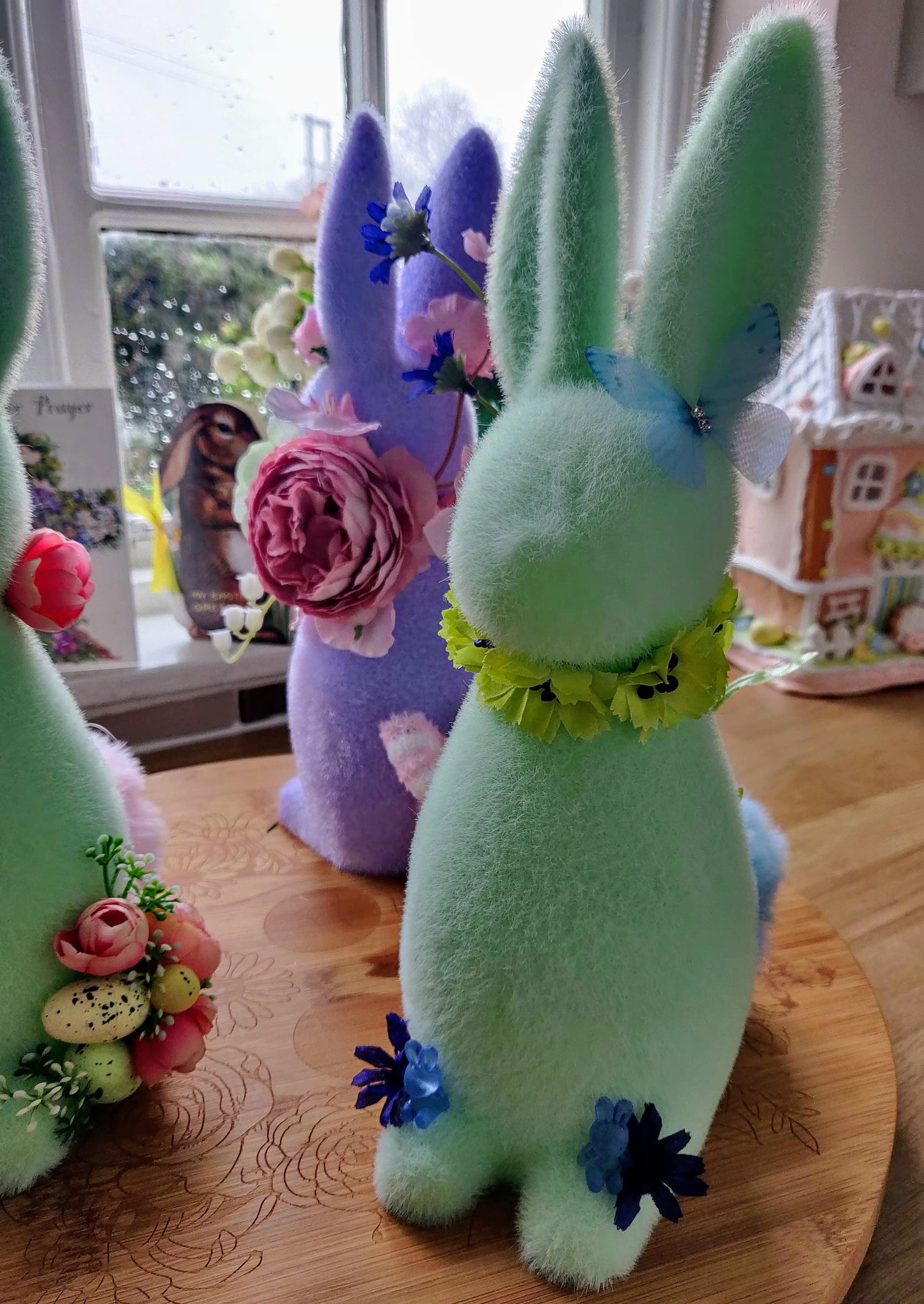 Easter bunny flocked Easter decoration green pink lavender cream