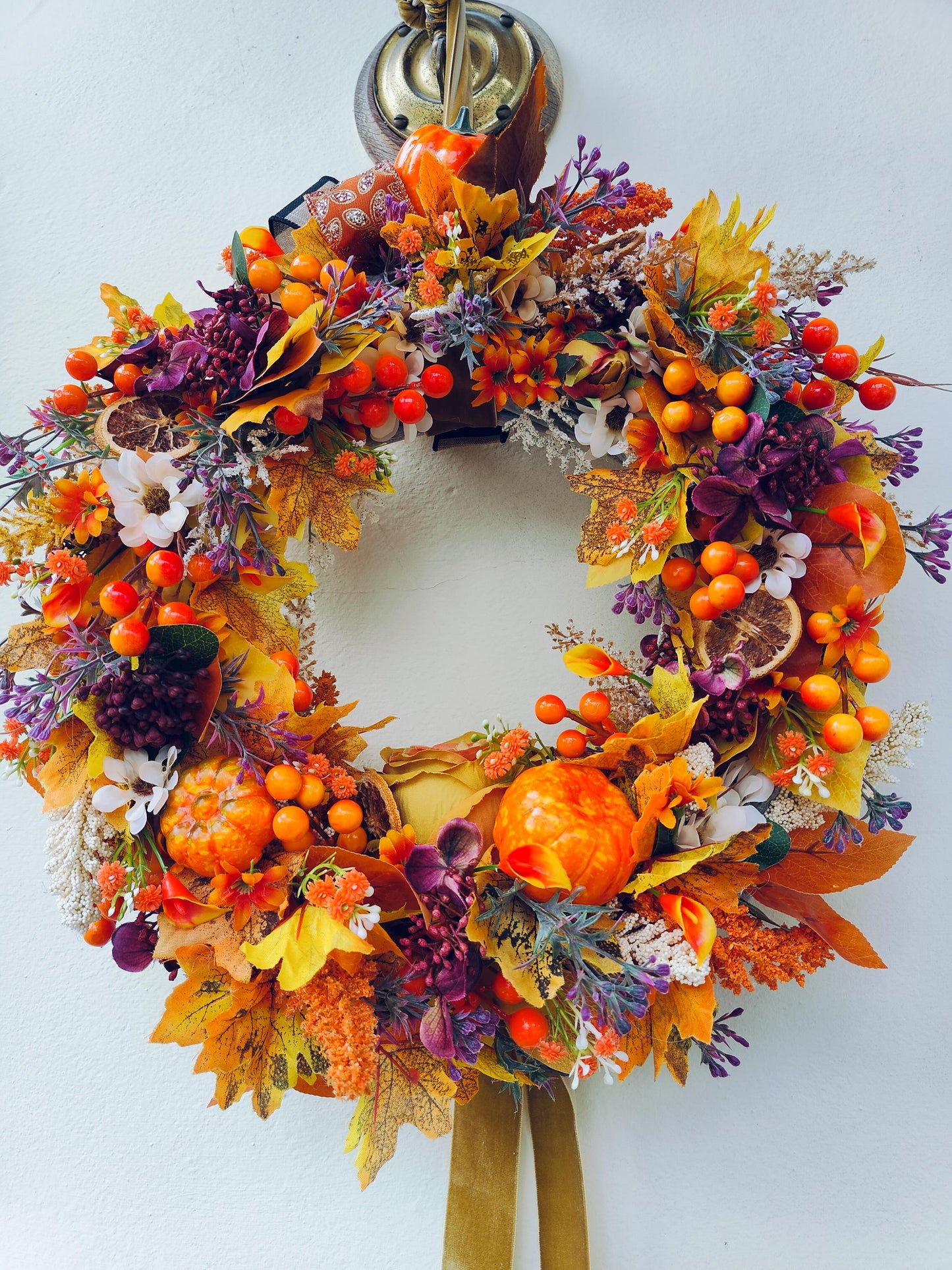 Autumn decoration wreath Autumnal orange brown yellow pumpkins leaves