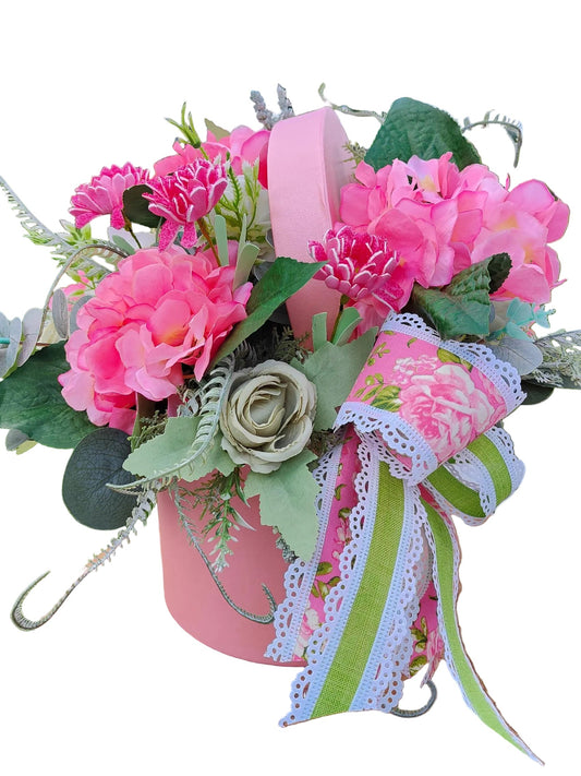 Pink Hydrangea & Rose Arrangement, Hat Box Centrepiece