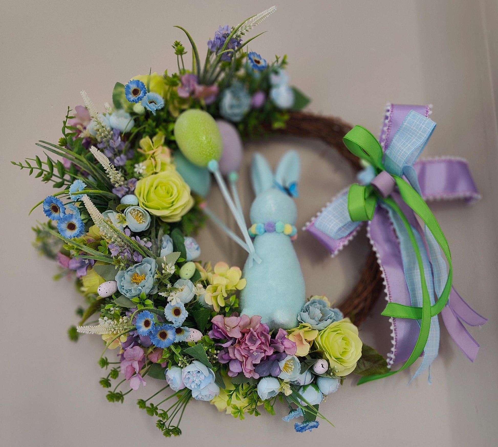Easter wreath bunny flocked rabbit Easter eggs pastel blue lavender green large