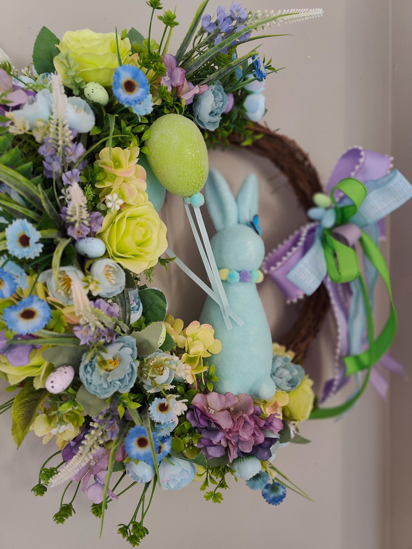 Easter wreath bunny flocked rabbit Easter eggs pastel blue lavender green large