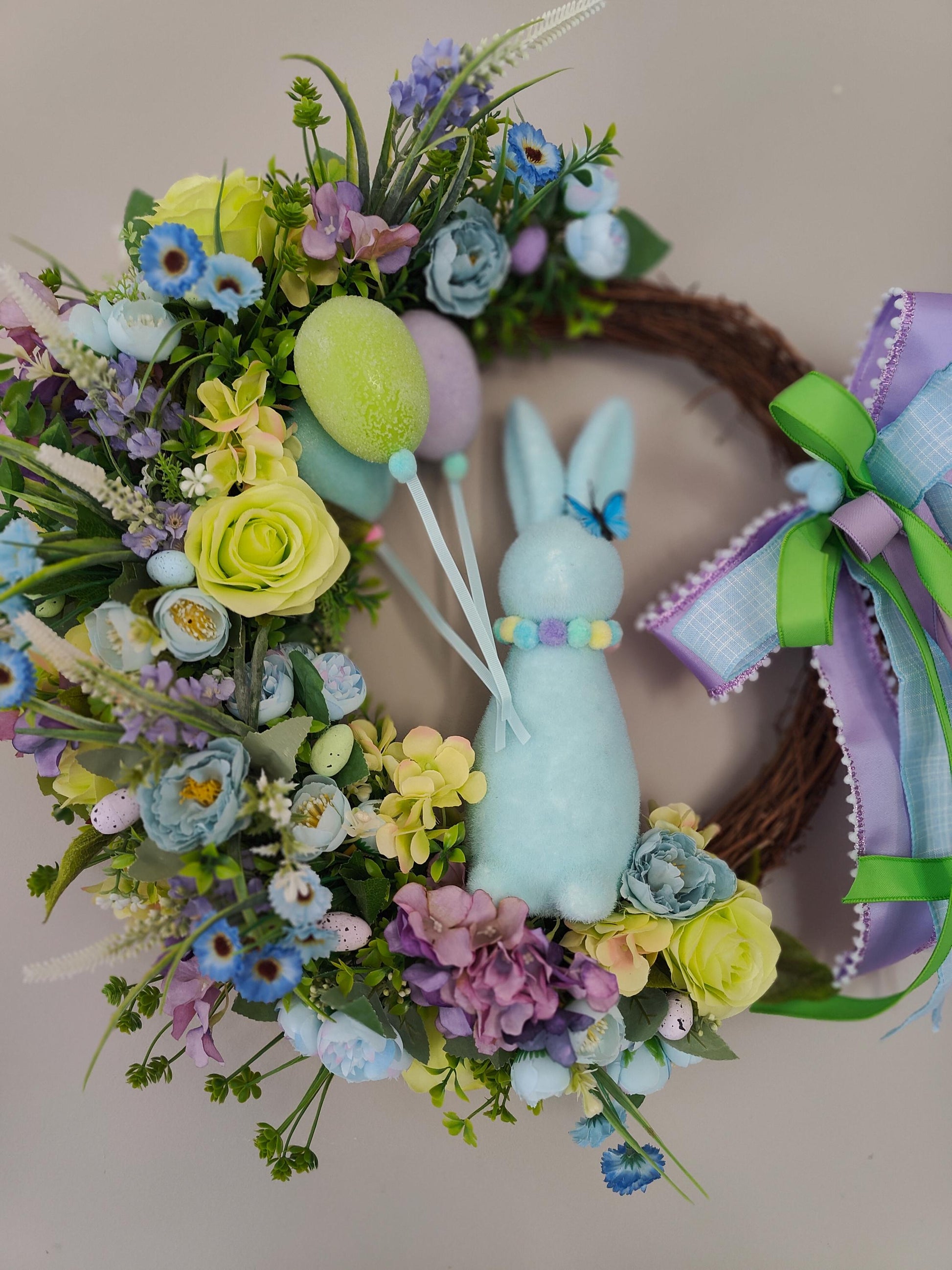 Easter wreath bunny flocked rabbit Easter eggs pastel blue lavender green large