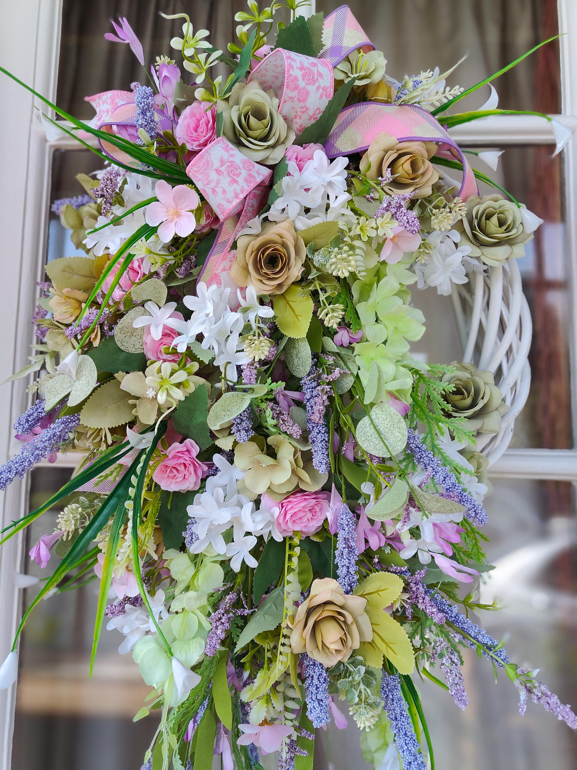 Wreath Spring Summer pinks greens lavender white all year round door wreath wall hanger