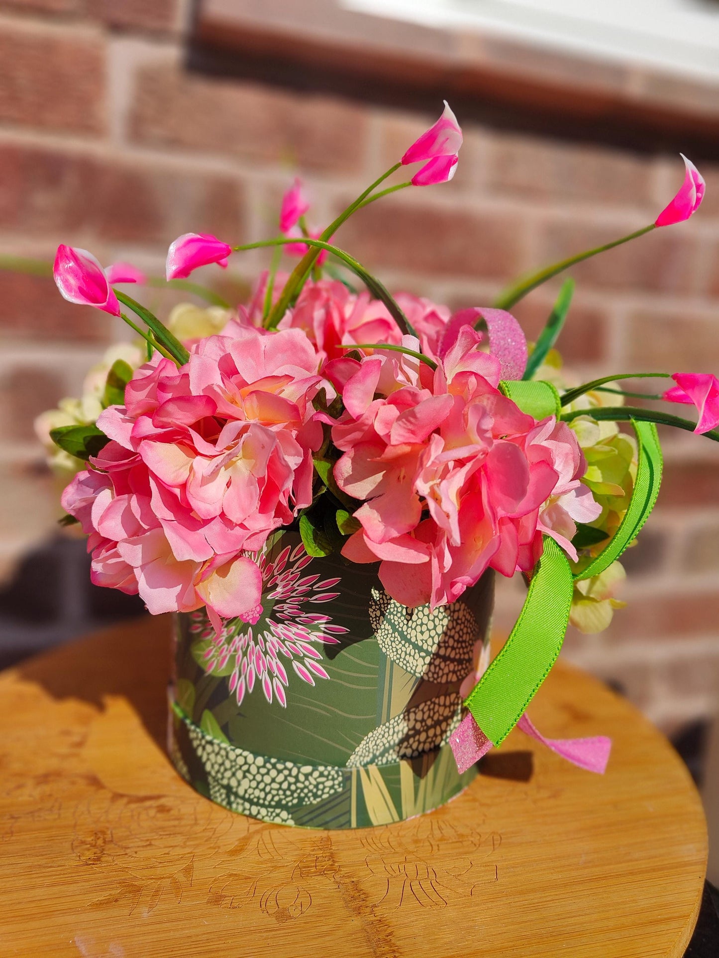 Floral Hat Box: Pink Hydrangeas, Greenery, Home Decor