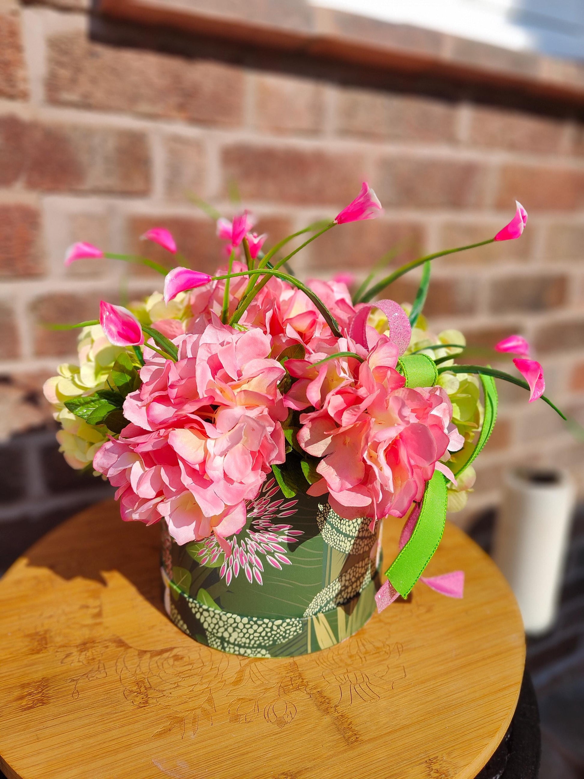 Floral Hat Box: Pink Hydrangeas, Greenery, Home Decor