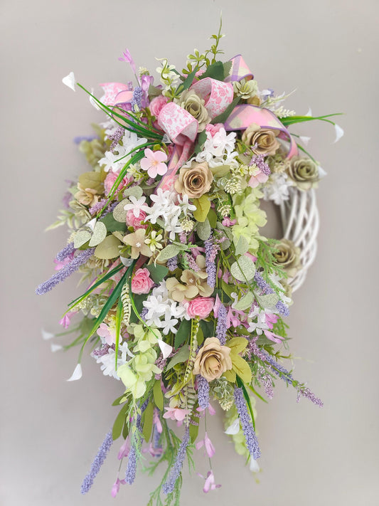 Wreath Spring Summer pinks greens lavender white all year round door wreath wall hanger
