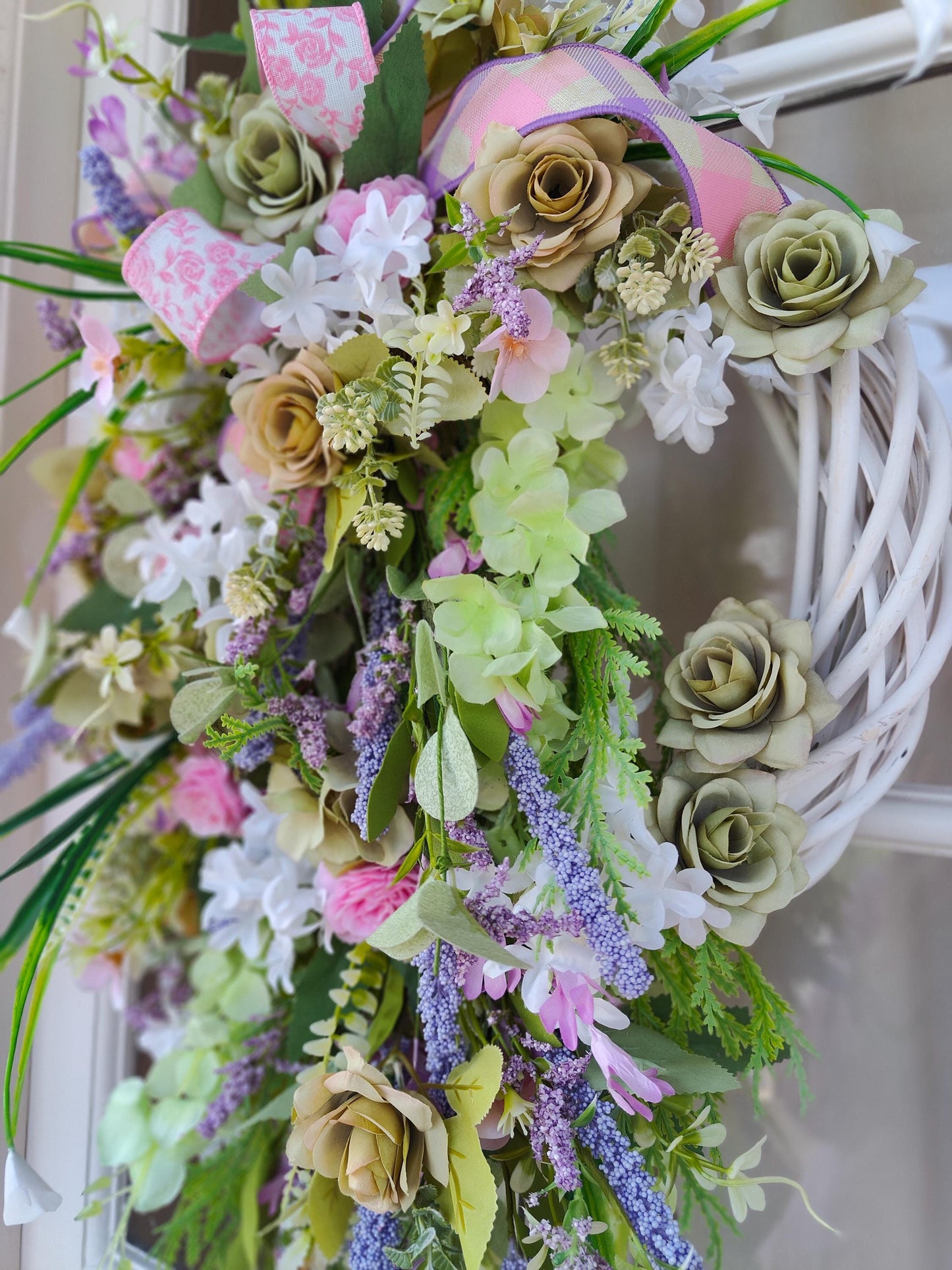 Wreath Spring Summer pinks greens lavender white all year round door wreath wall hanger