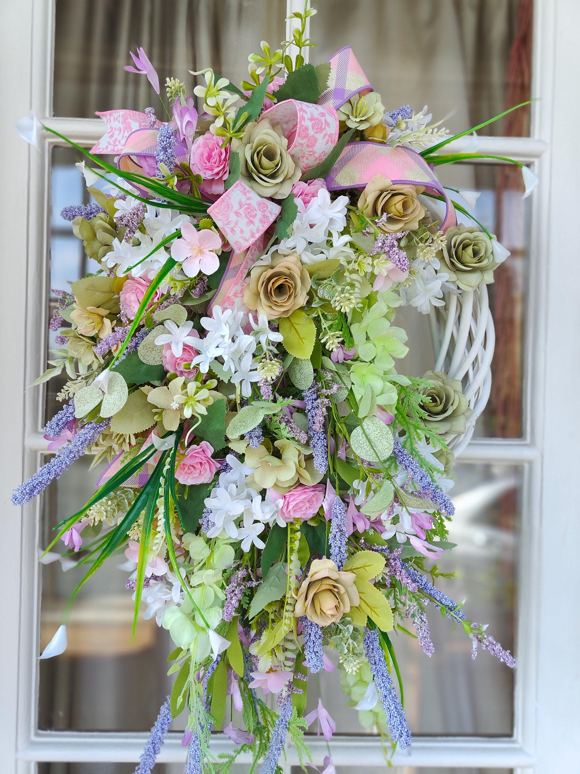 Wreath Spring Summer pinks greens lavender white all year round door wreath wall hanger