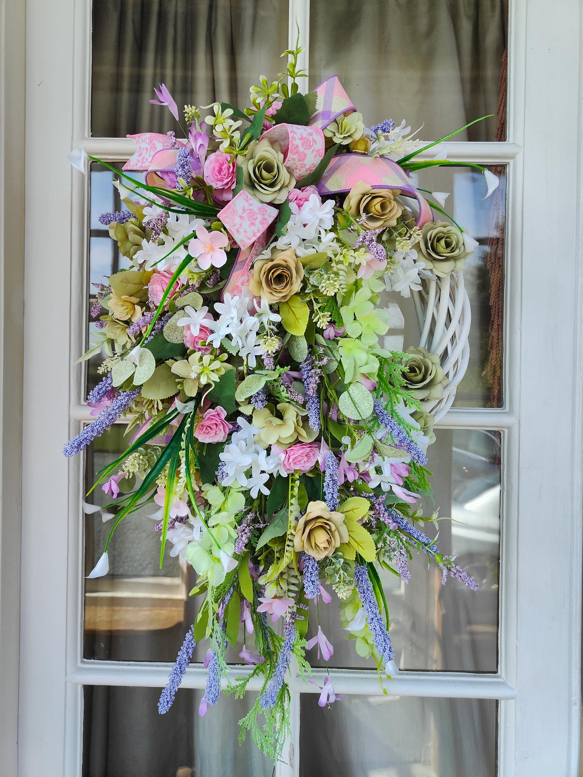 Wreath Spring Summer pinks greens lavender white all year round door wreath wall hanger