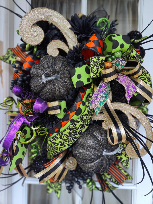 Halloween Wreath black large deluxe Baroque Glam Pumpkins, Black & Gold Door Decor
