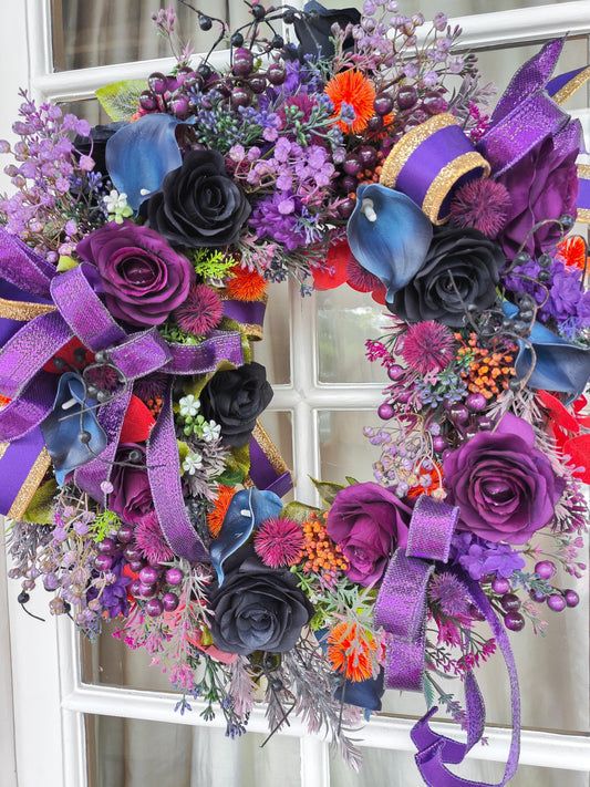 Wreath purple navy blue circular wicker large door wreath hanger