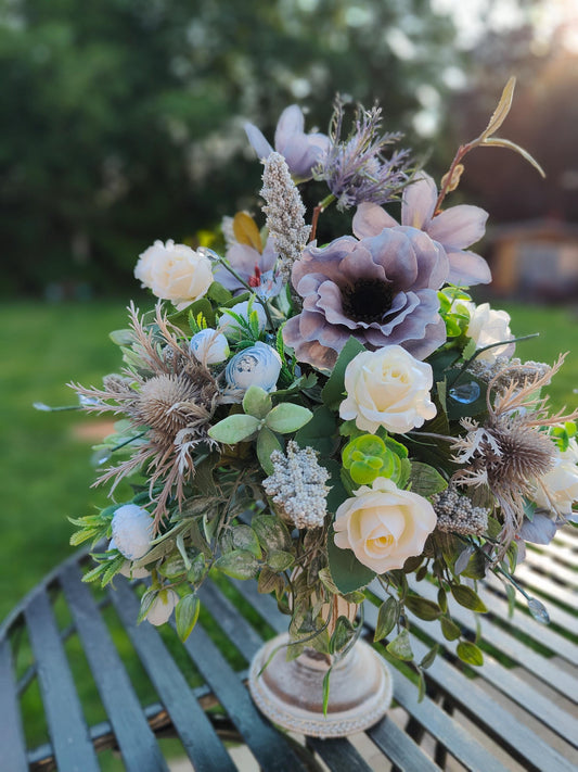 Flower arrangement Grey white pastel blue flower candlestick home decor centrepiece tablecentre