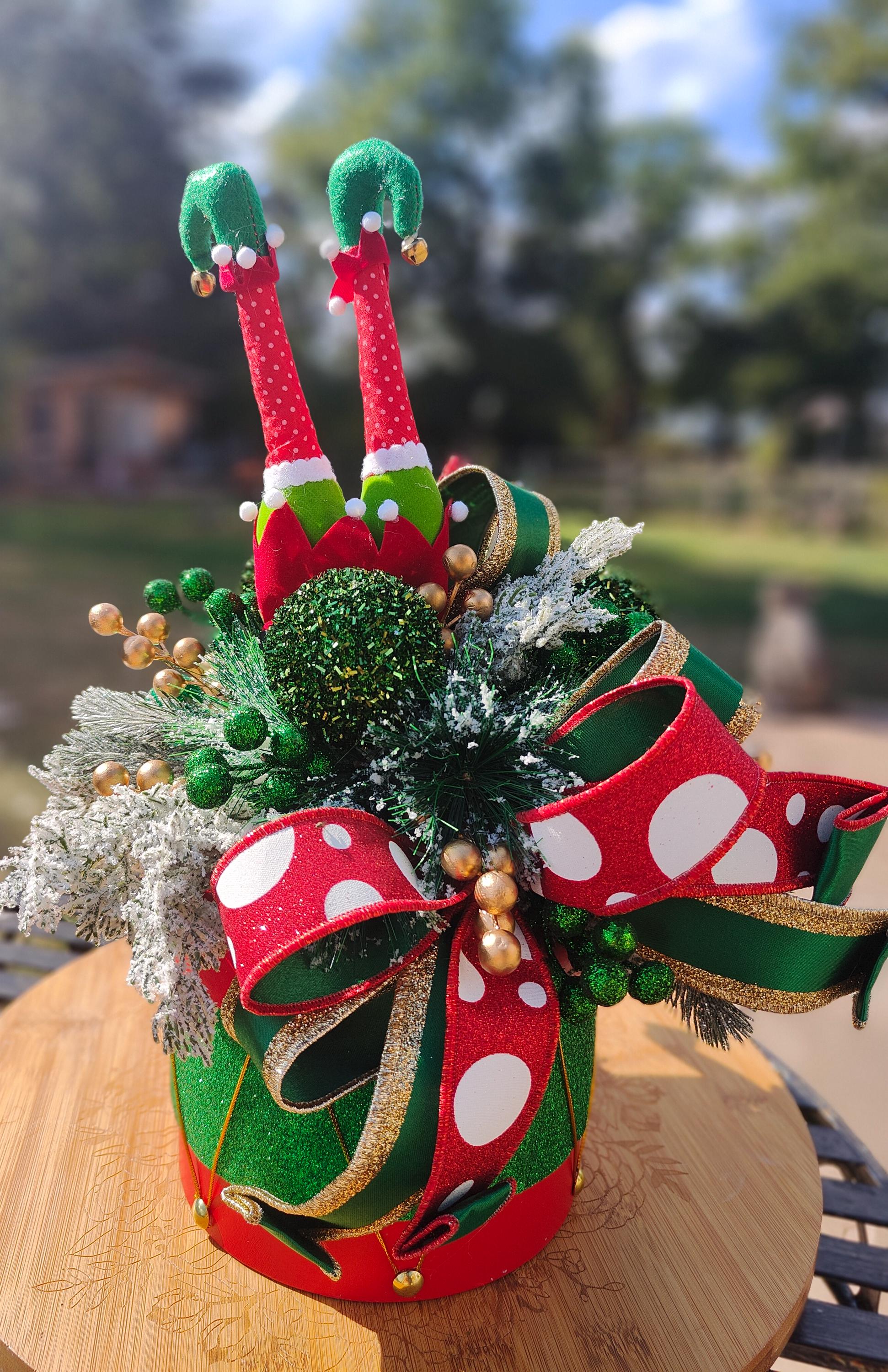 Christmas traditional drum centrepiece tablecentre cheeky whimsical elf green red gold