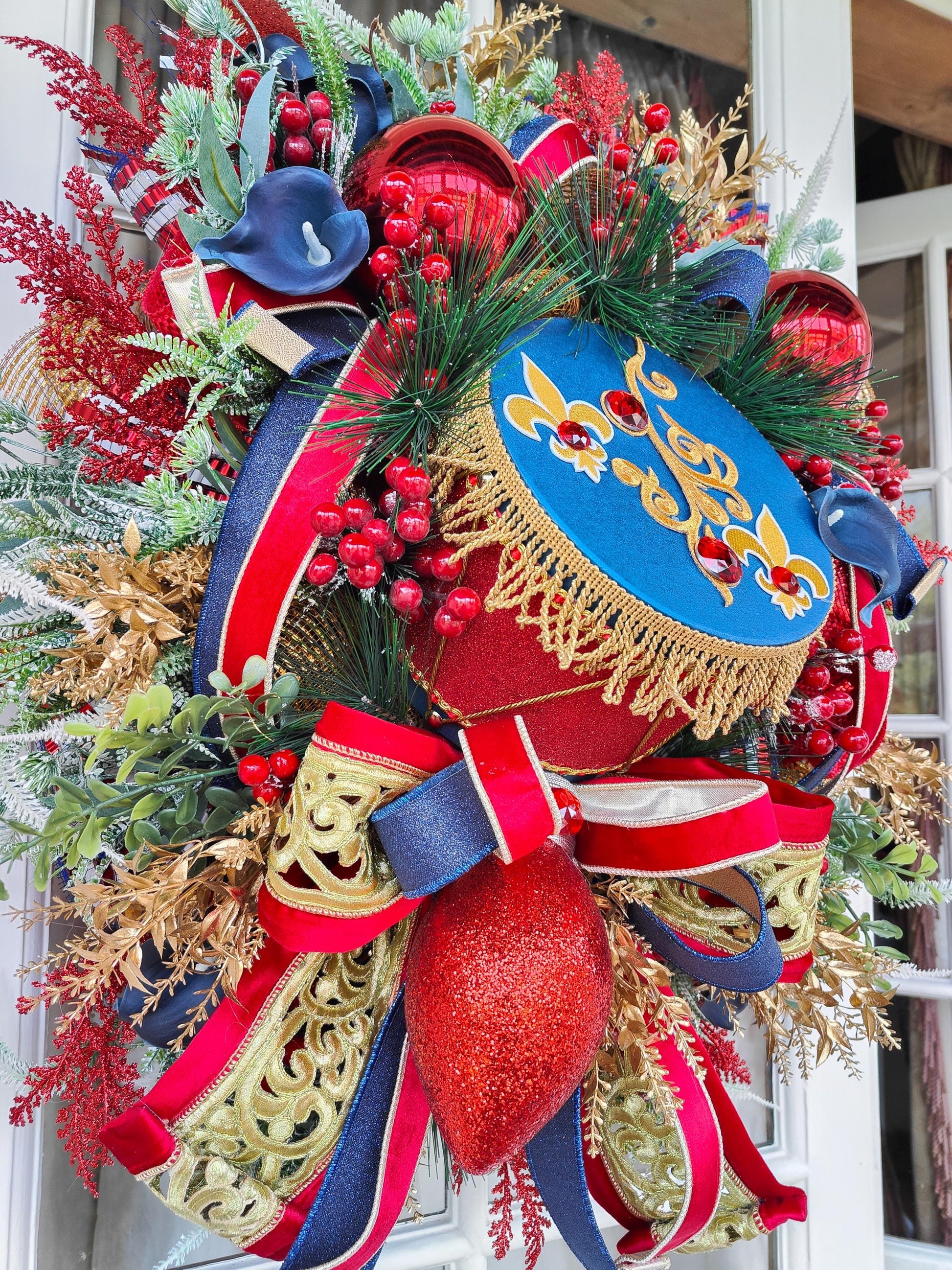 Nutcracker Drum Christmas Wreath: Navy, Red & Gold Door Hanger