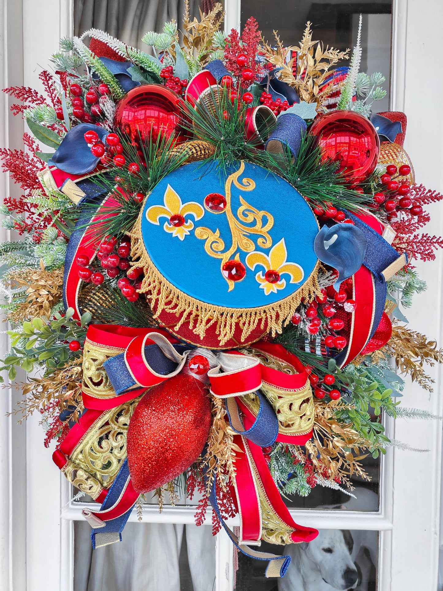 Nutcracker Drum Christmas Wreath: Navy, Red & Gold Door Hanger