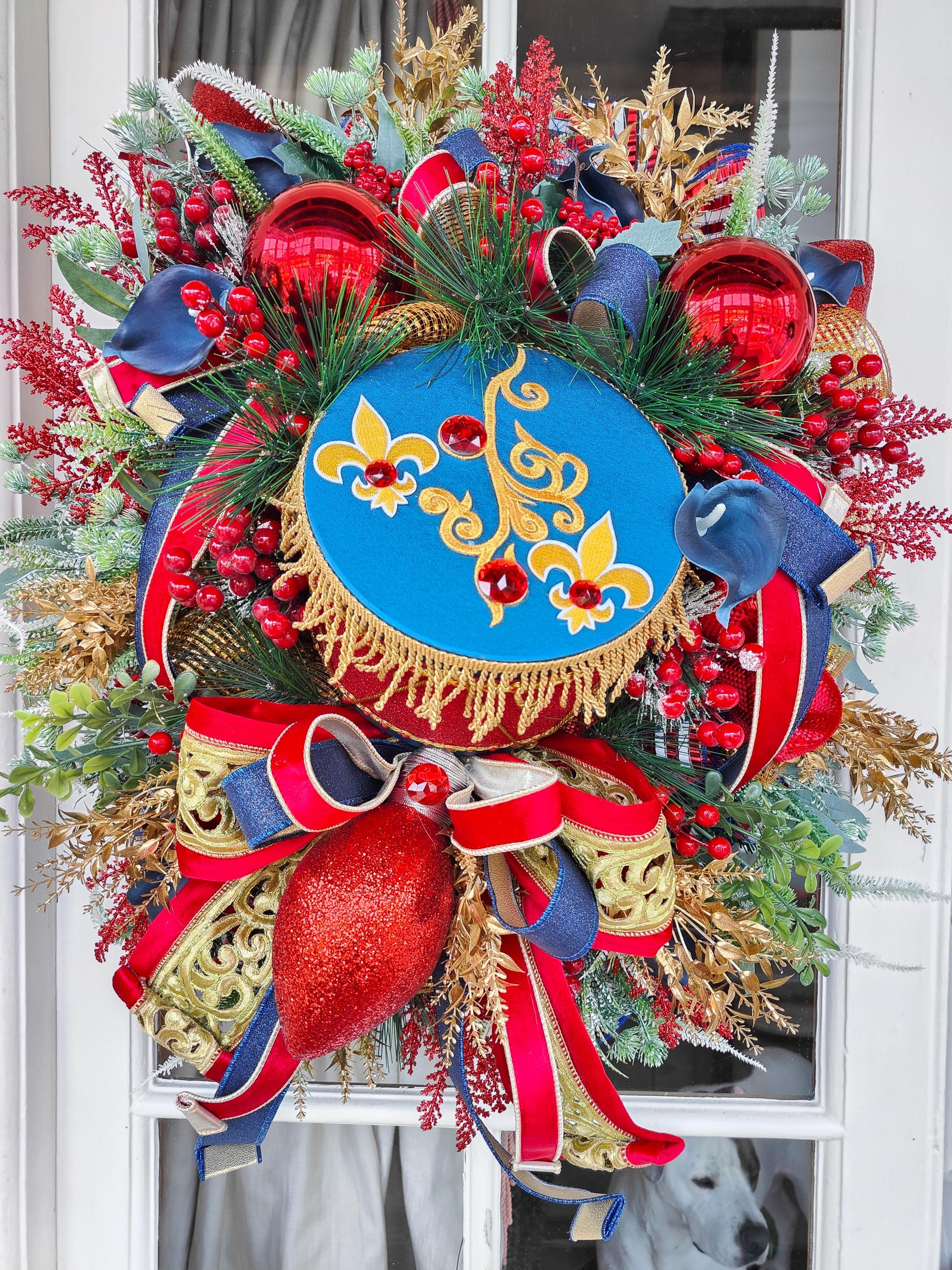 Nutcracker Drum Christmas Wreath: Navy, Red & Gold Door Hanger
