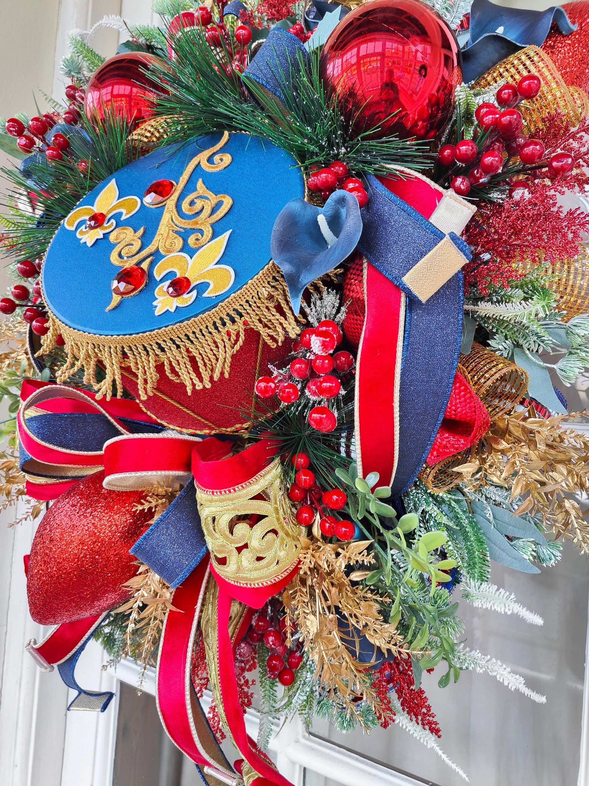 Nutcracker Drum Christmas Wreath: Navy, Red & Gold Door Hanger