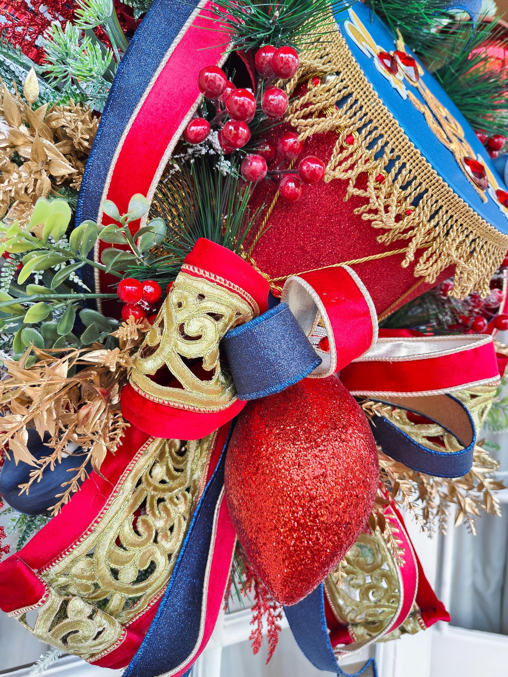 Nutcracker Drum Christmas Wreath: Navy, Red & Gold Door Hanger