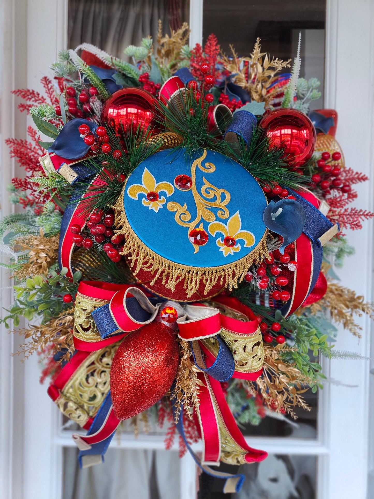 Nutcracker Drum Christmas Wreath: Navy, Red & Gold Door Hanger