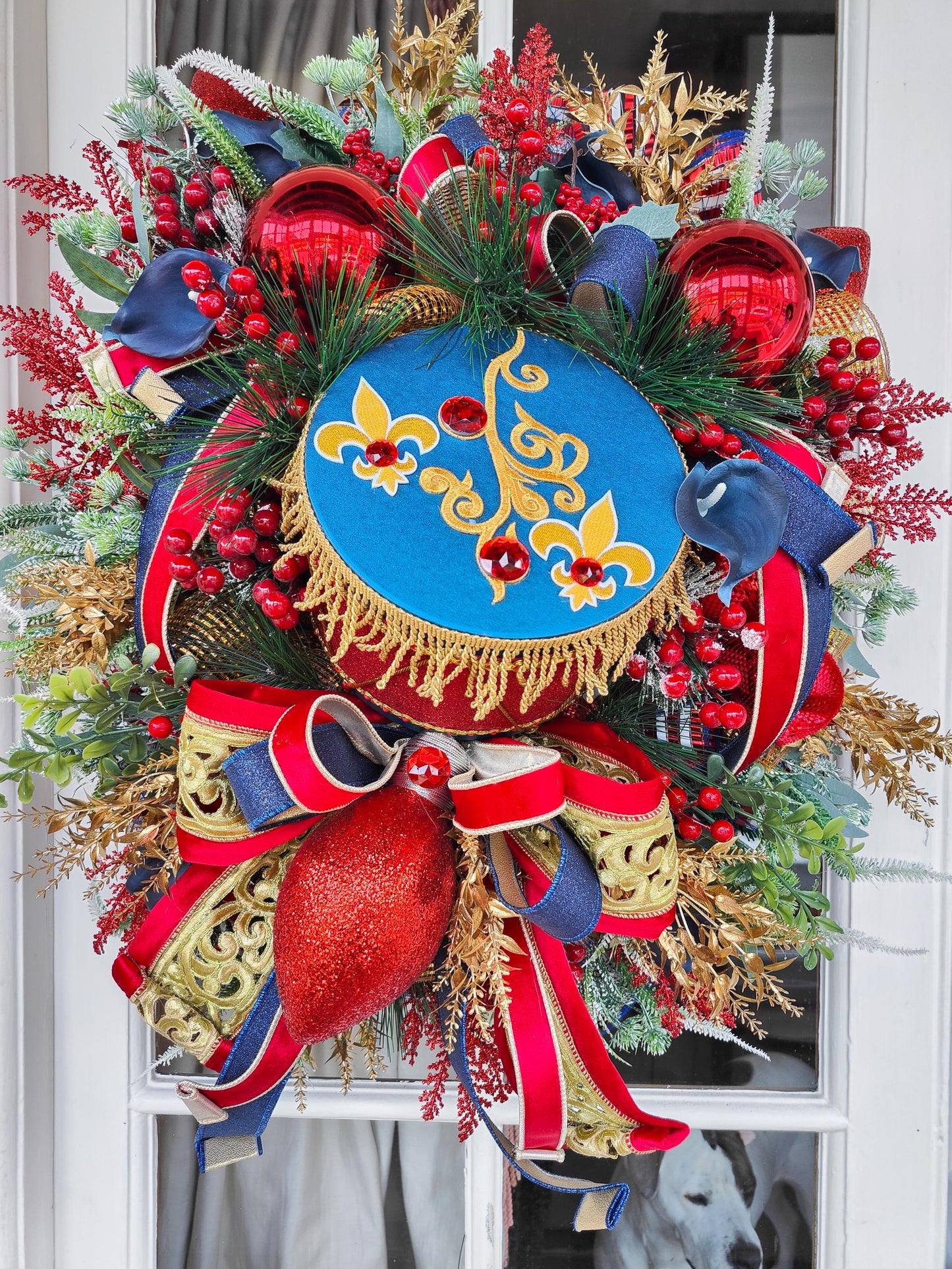 Nutcracker Drum Christmas Wreath: Navy, Red & Gold Door Hanger