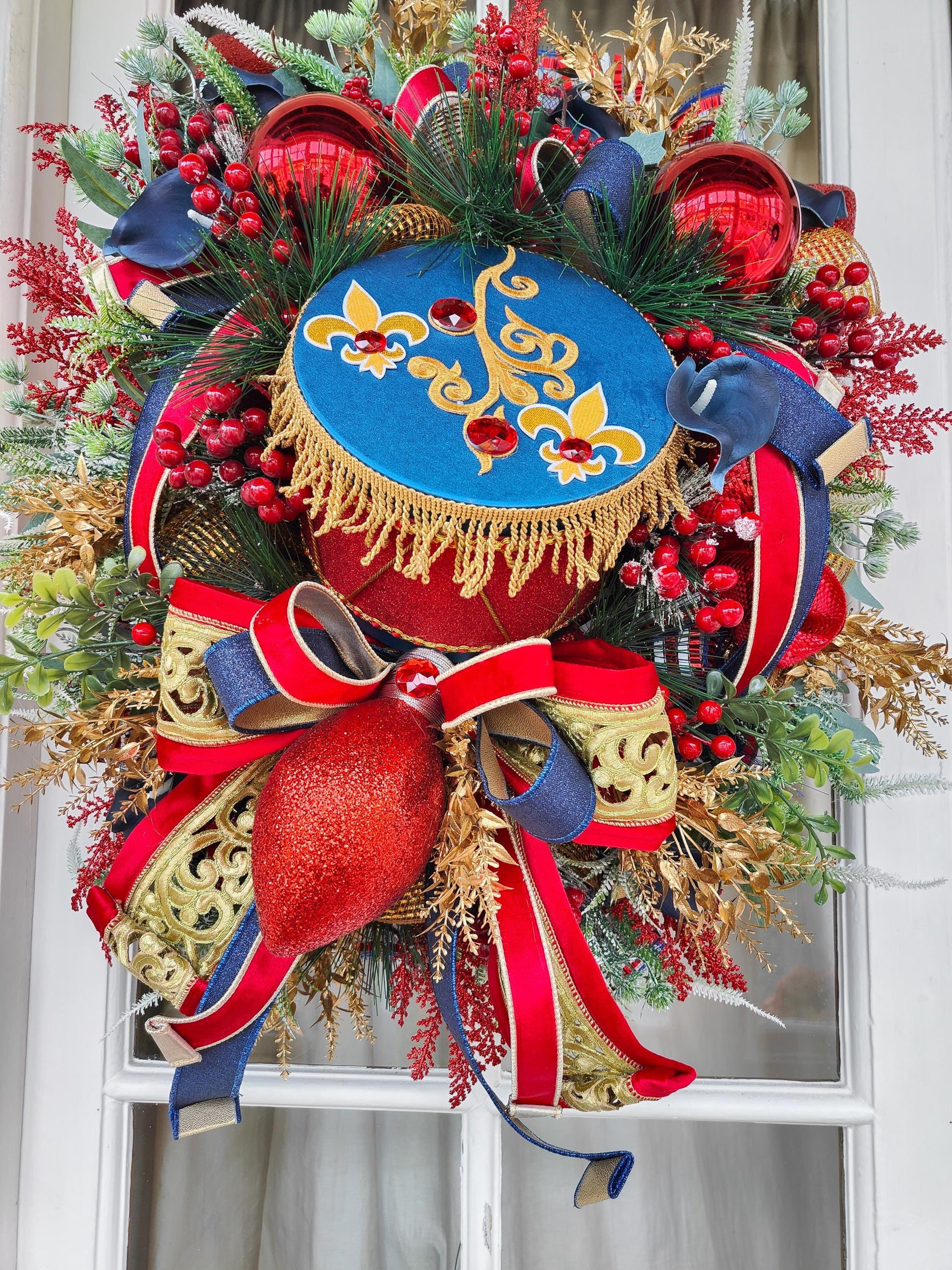 Nutcracker Drum Christmas Wreath: Navy, Red & Gold Door Hanger