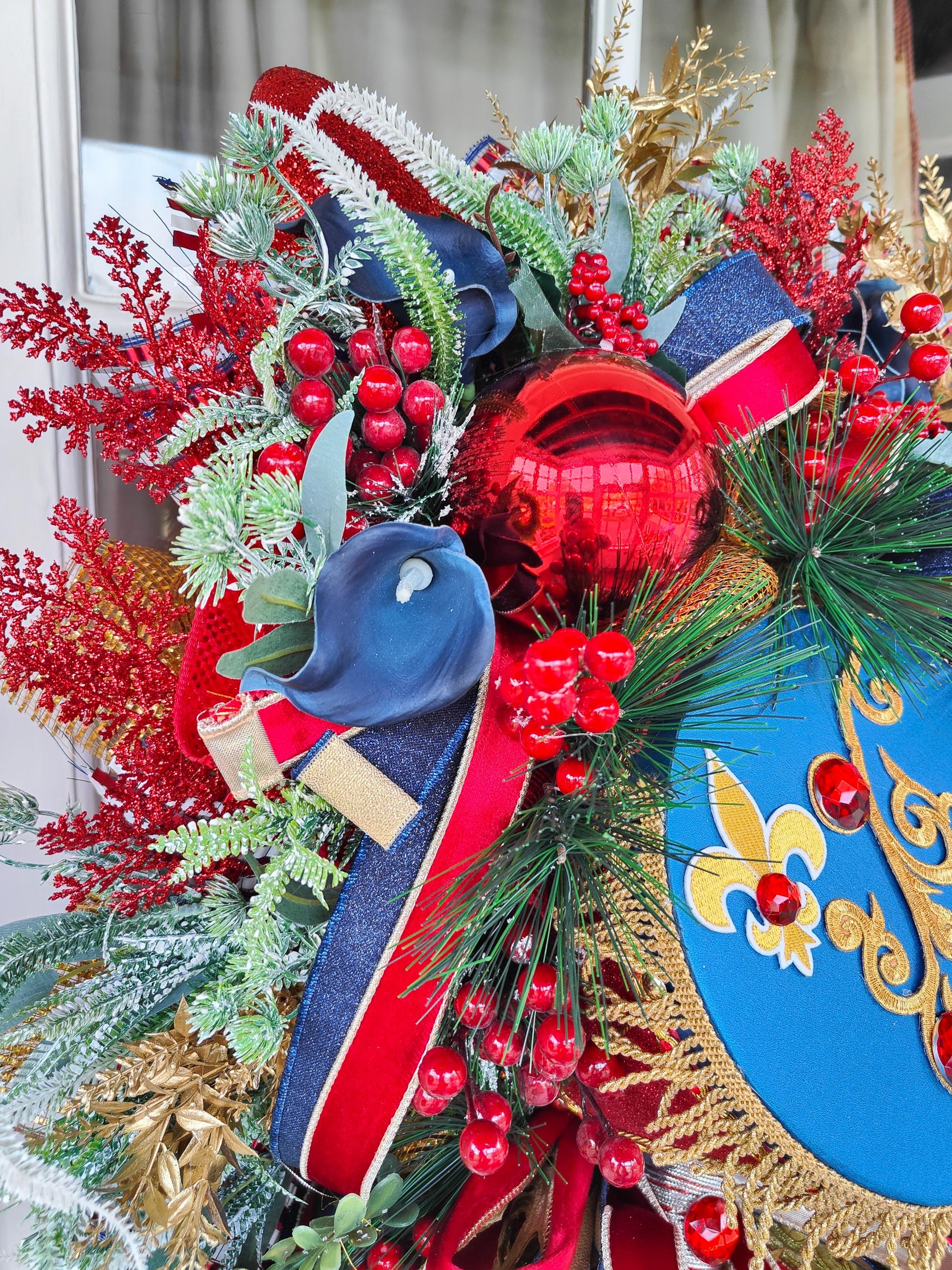 Nutcracker Drum Christmas Wreath: Navy, Red & Gold Door Hanger