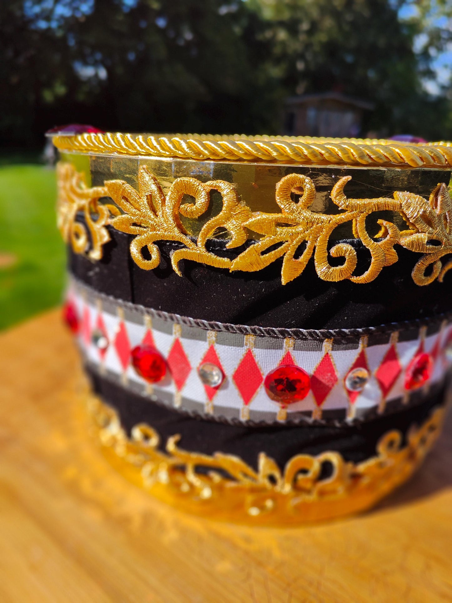 Drum Christmas decoration handmade harlequin gems gemstones black white red gold