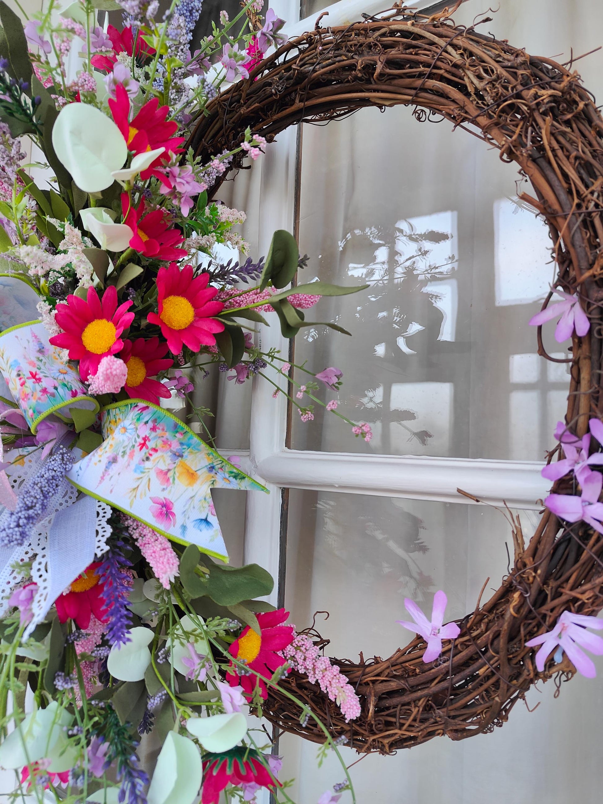 Wreath Spring Summer multi coloured wild flowers Farrisilk ribbons pinks lavenders greens