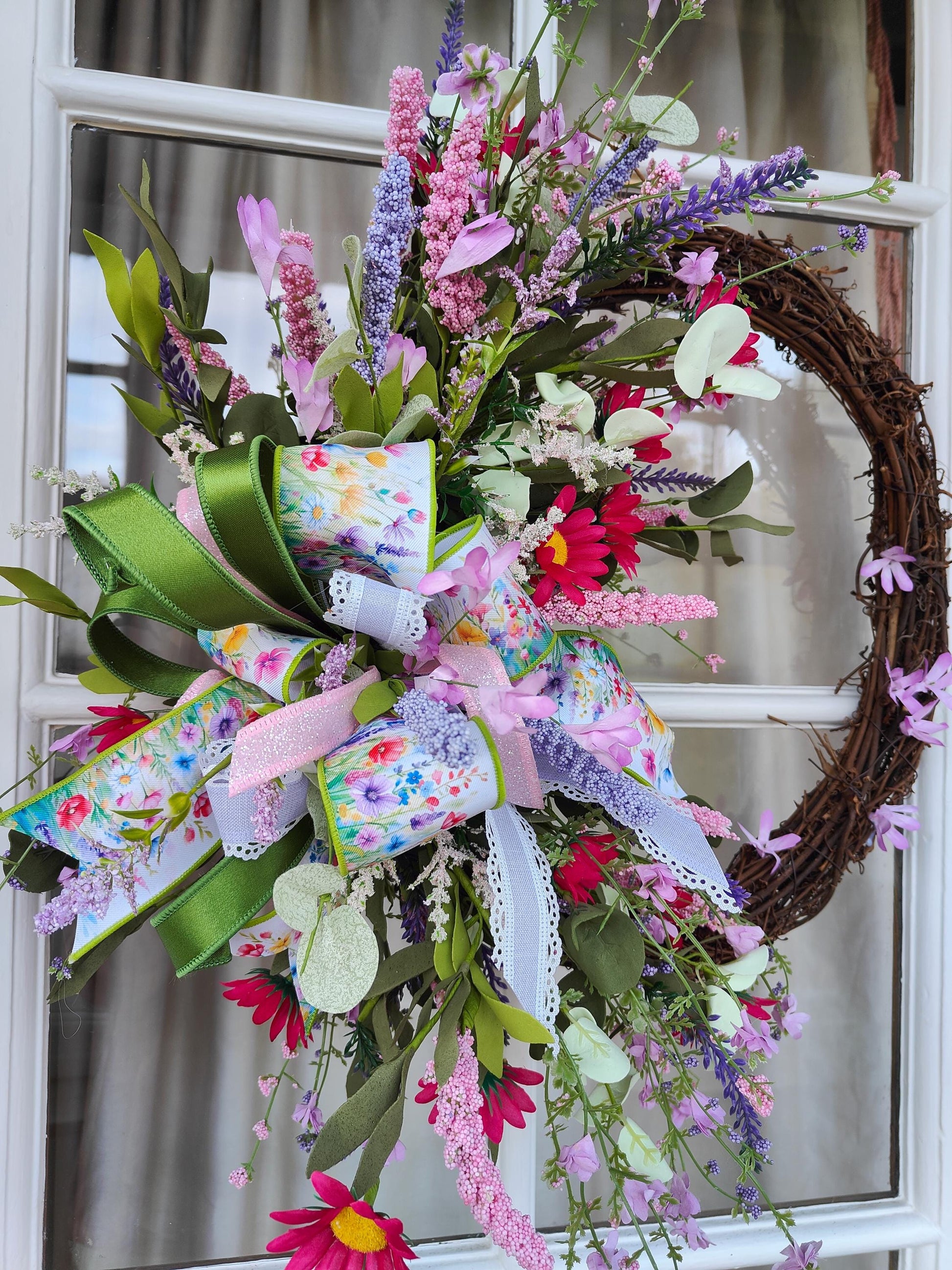 Wreath Spring Summer multi coloured wild flowers Farrisilk ribbons pinks lavenders greens