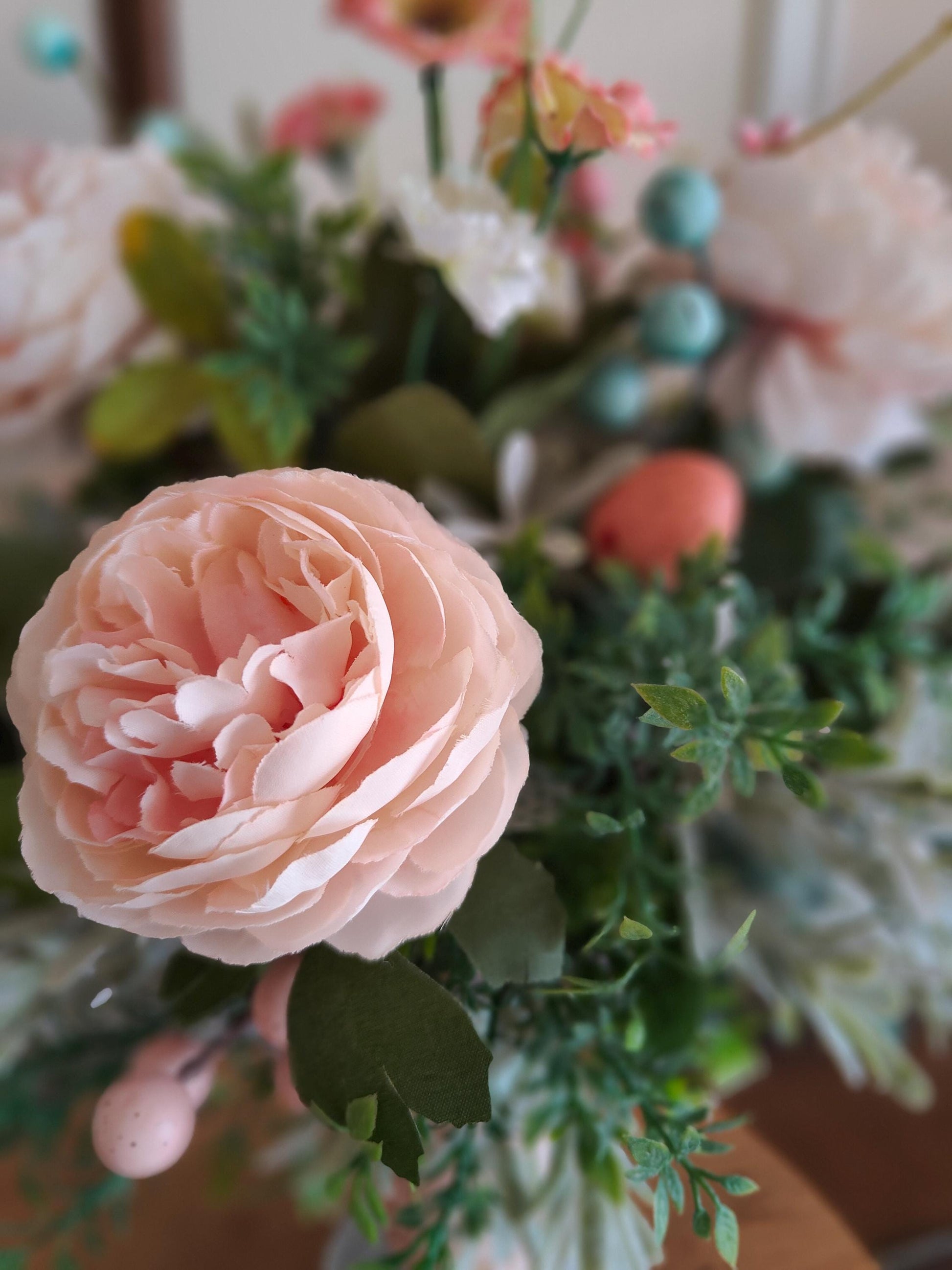 Easter flower tablecentre candlestick decoration home decor Easter eggs pastel pinks and turquoise blue