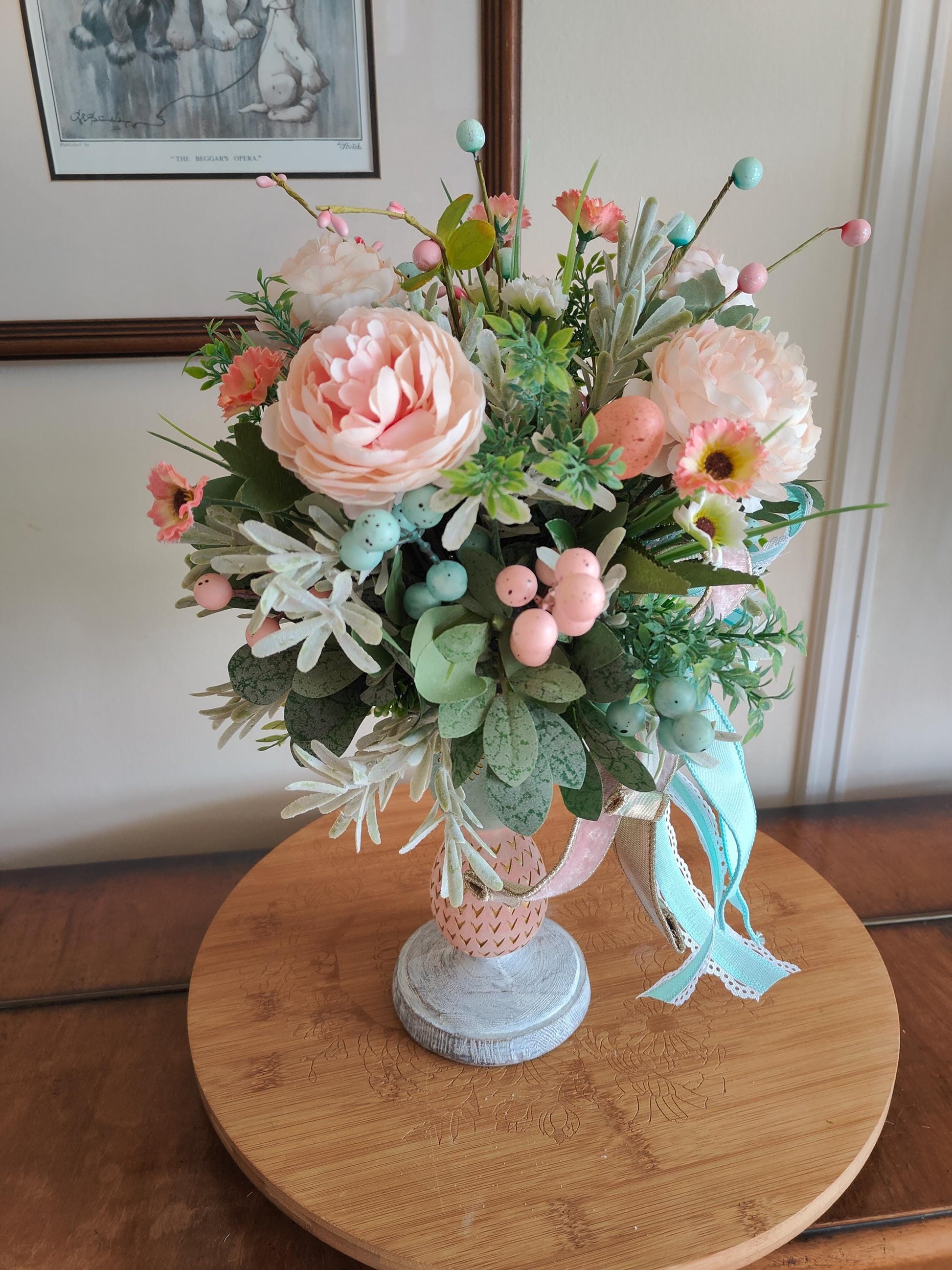 Easter flower tablecentre candlestick decoration home decor Easter eggs pastel pinks and turquoise blue