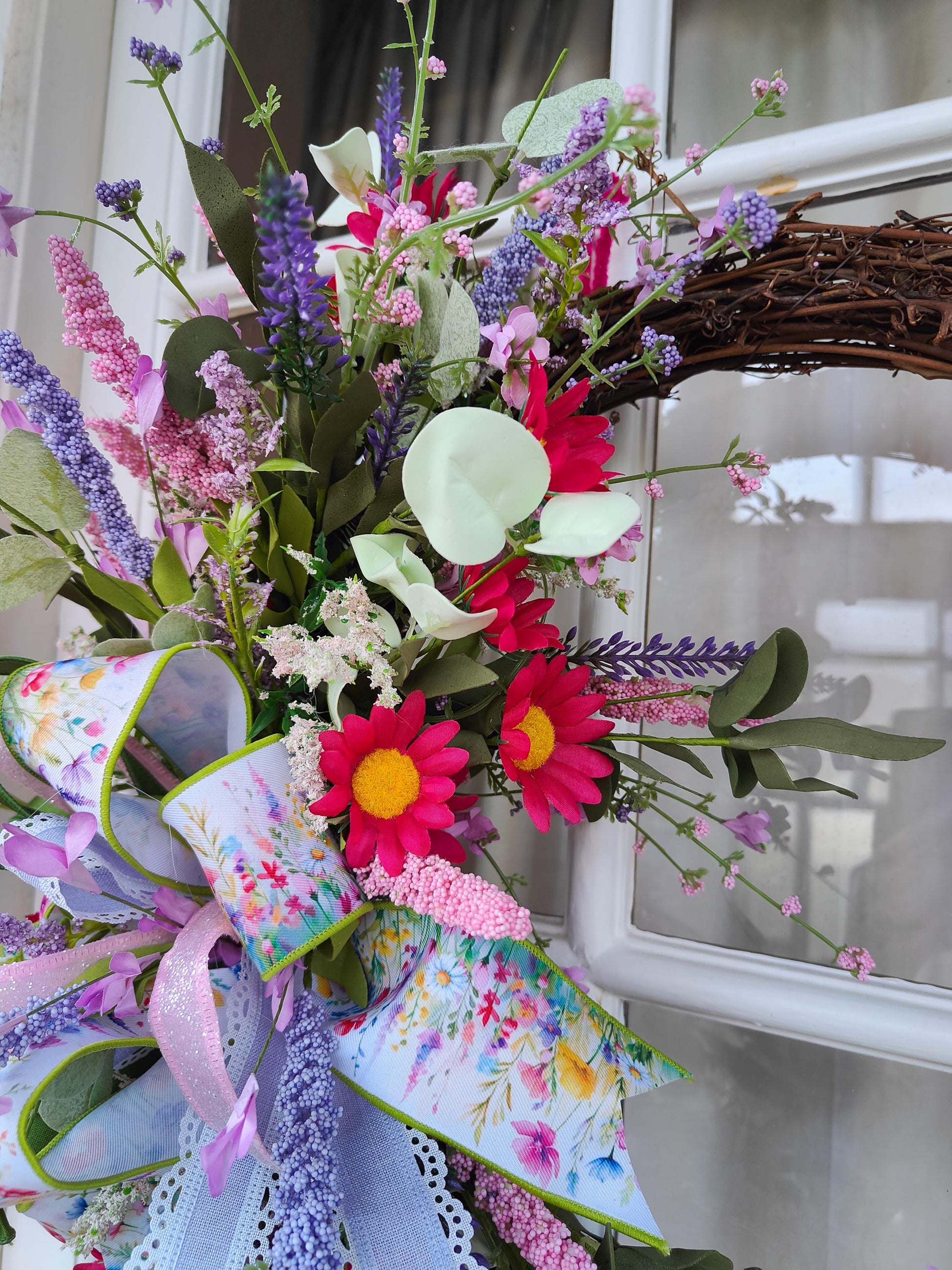 Wreath Spring Summer multi coloured wild flowers Farrisilk ribbons pinks lavenders greens