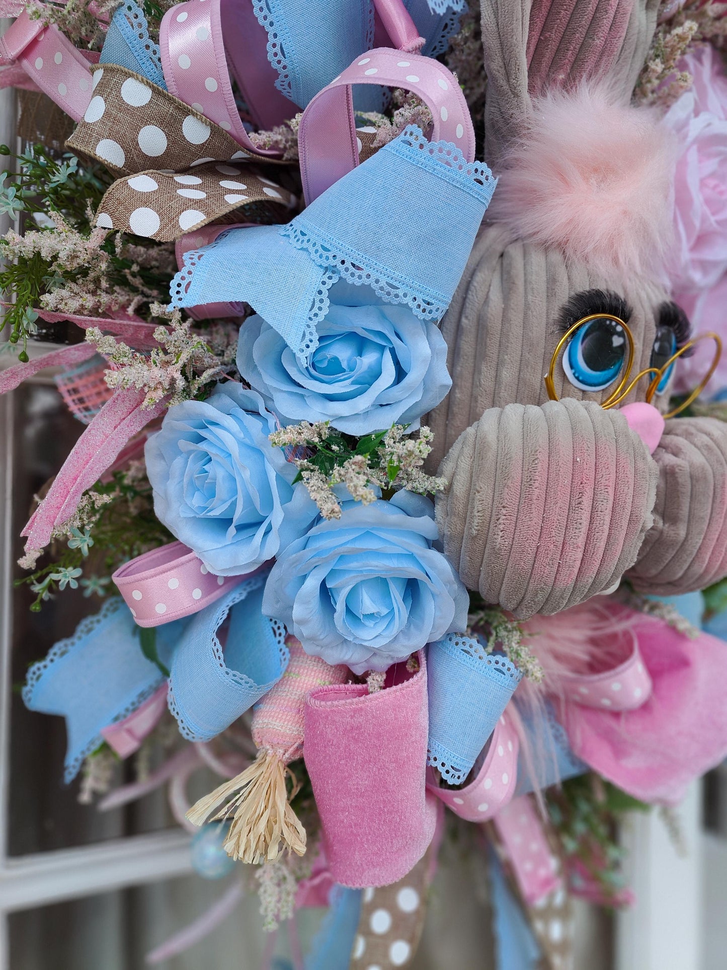 Easter bunny wreath pastel pink and baby blue large XL deluxe large ear rabbit