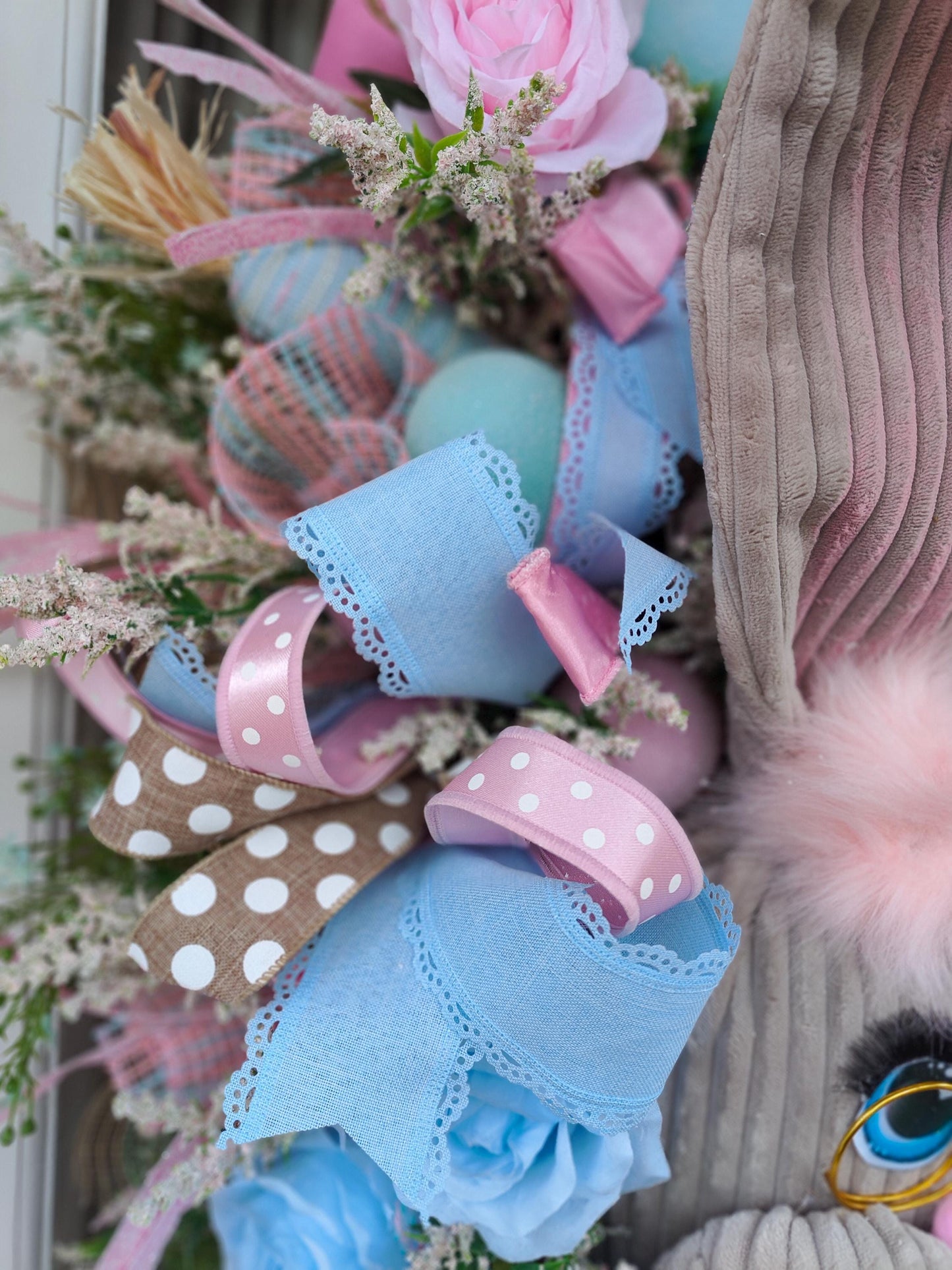 Easter bunny wreath pastel pink and baby blue large XL deluxe large ear rabbit