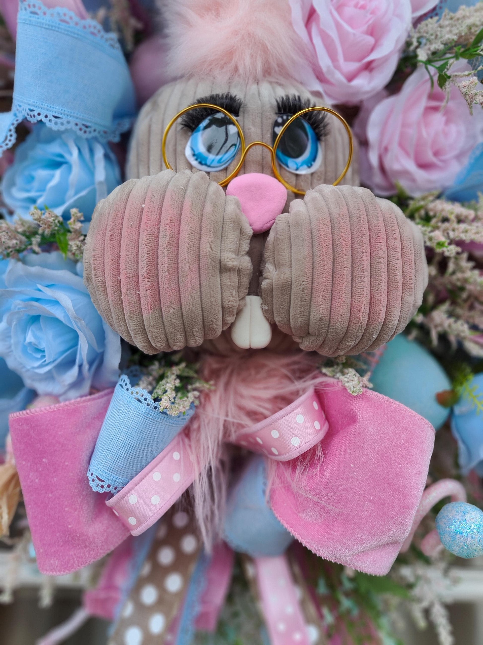 Easter bunny wreath pastel pink and baby blue large XL deluxe large ear rabbit