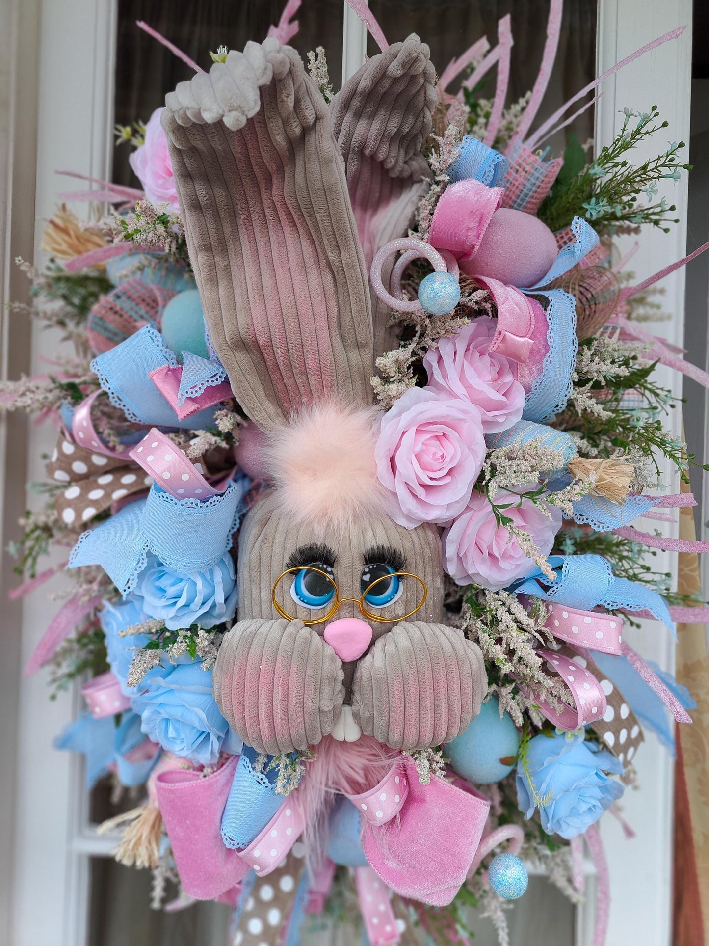 Easter bunny wreath pastel pink and baby blue large XL deluxe large ear rabbit