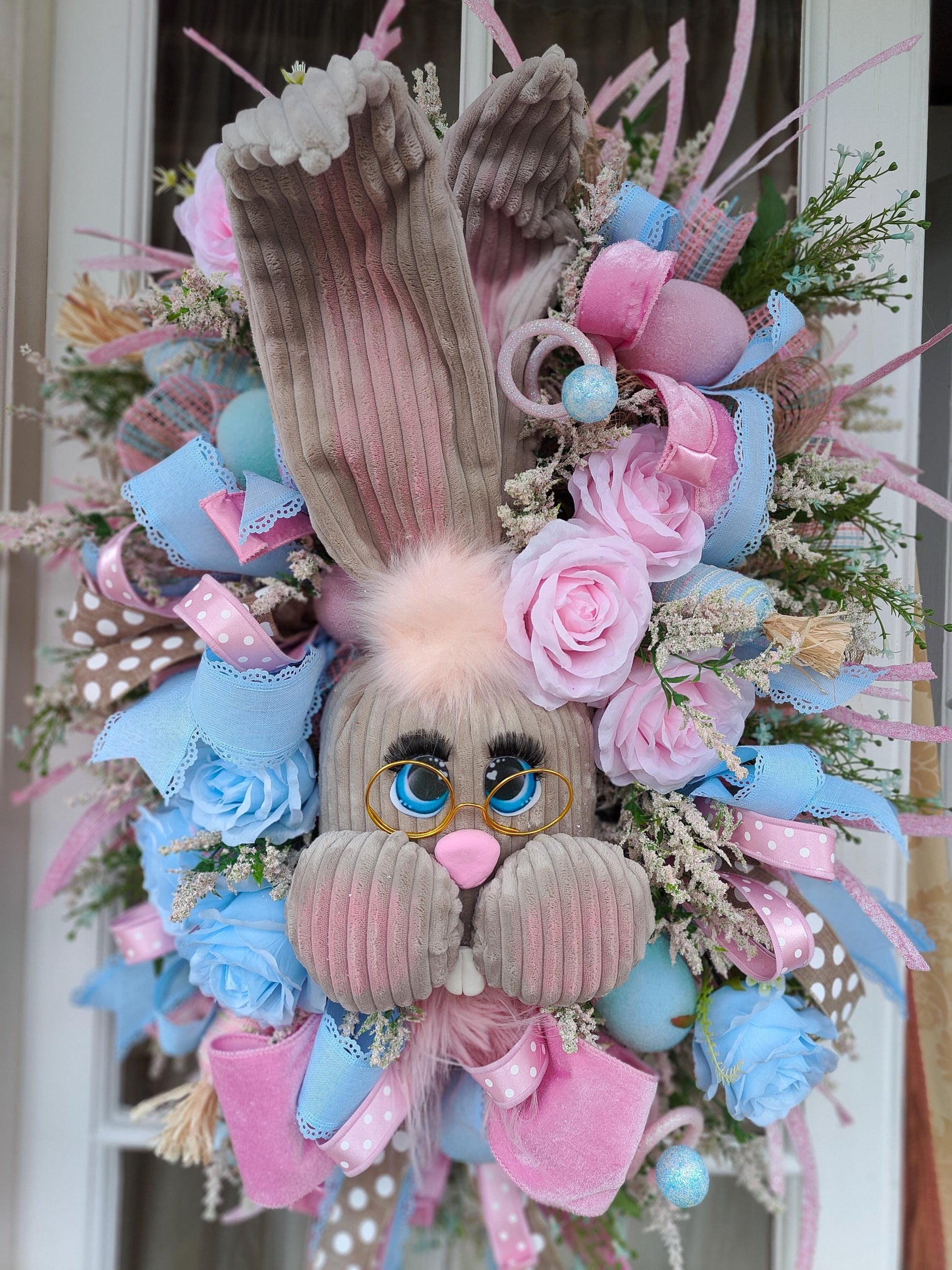 Easter bunny wreath pastel pink and baby blue large XL deluxe large ear rabbit