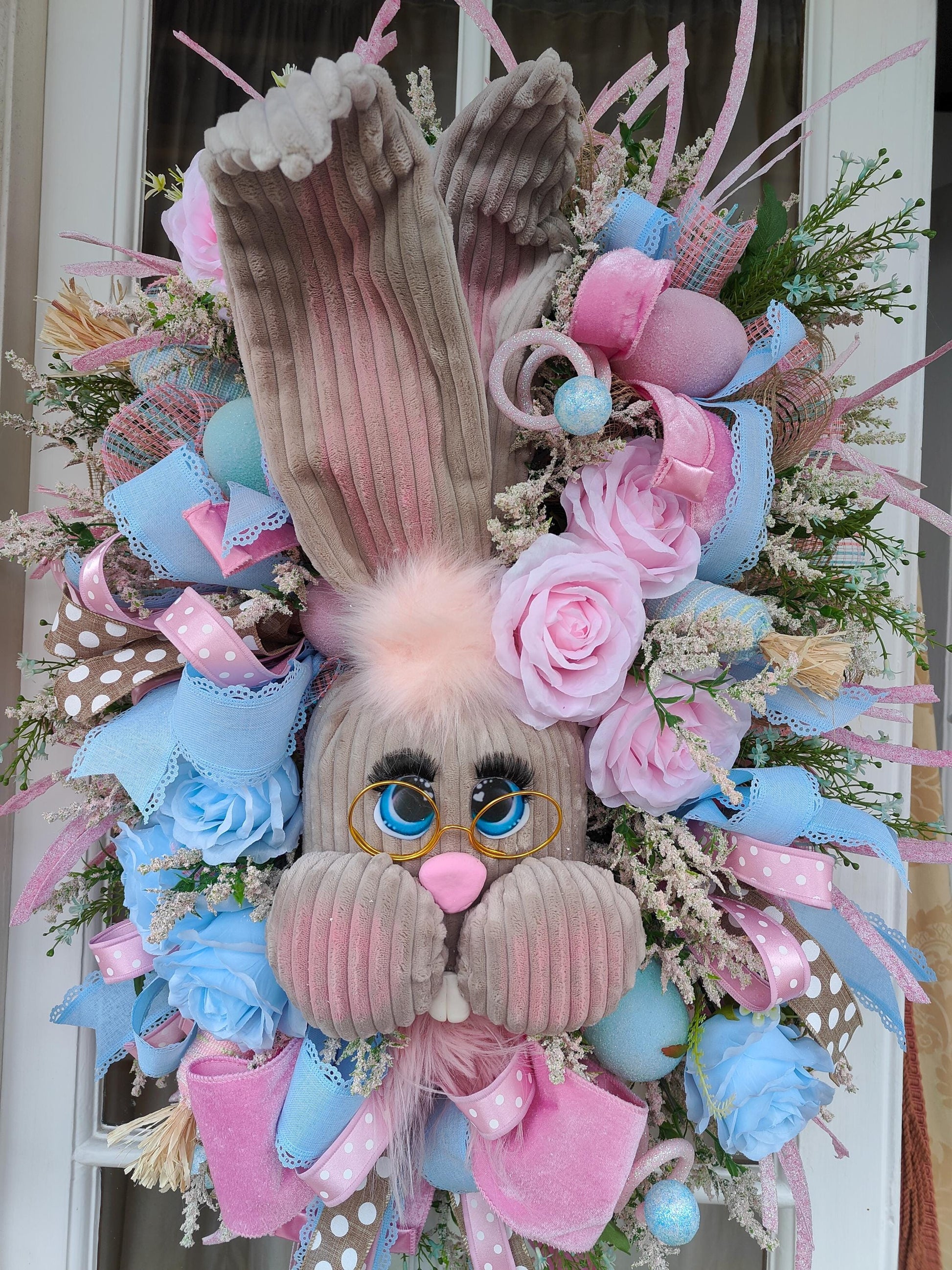 Easter bunny wreath pastel pink and baby blue large XL deluxe large ear rabbit