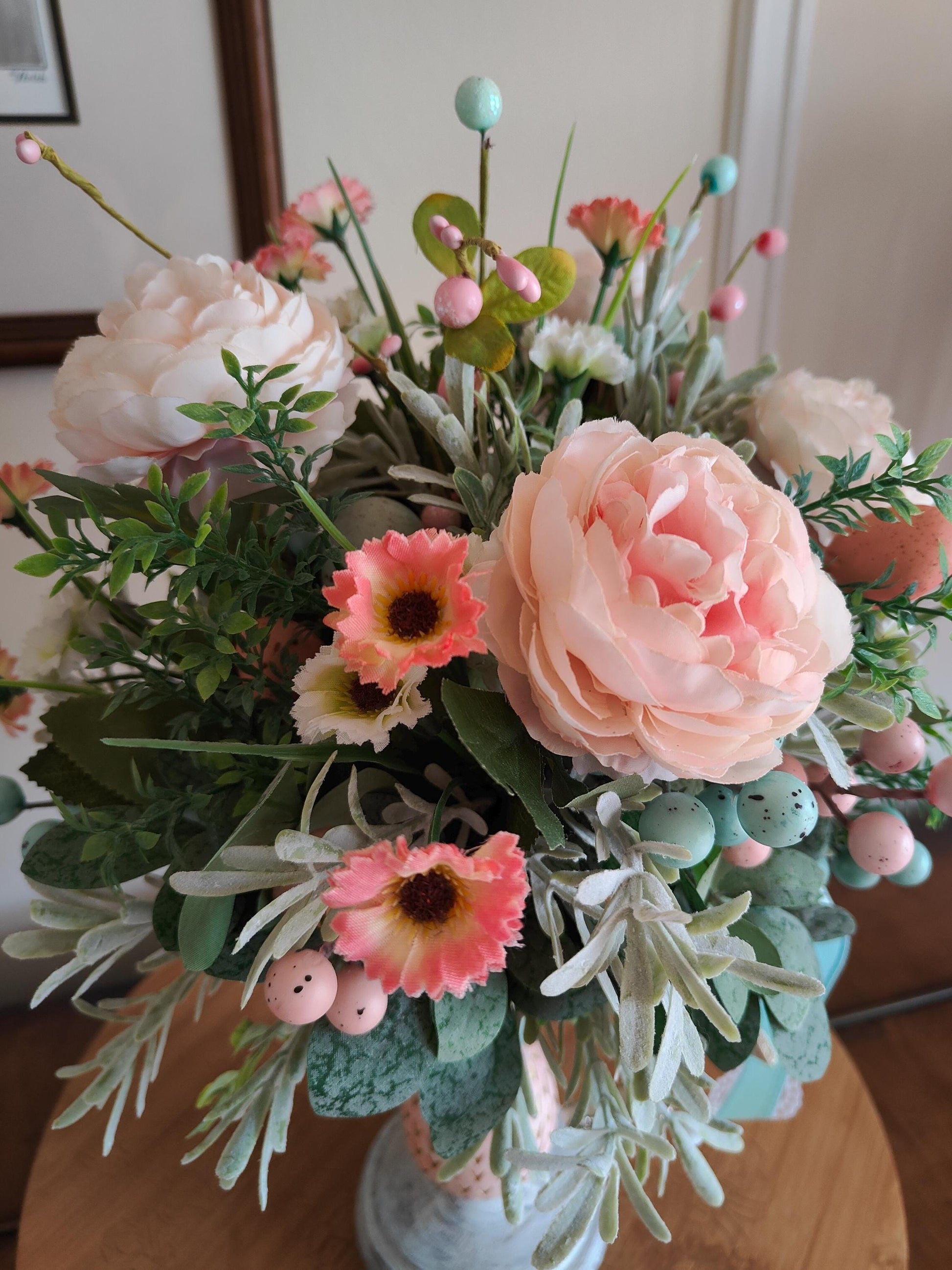 Easter flower tablecentre candlestick decoration home decor Easter eggs pastel pinks and turquoise blue