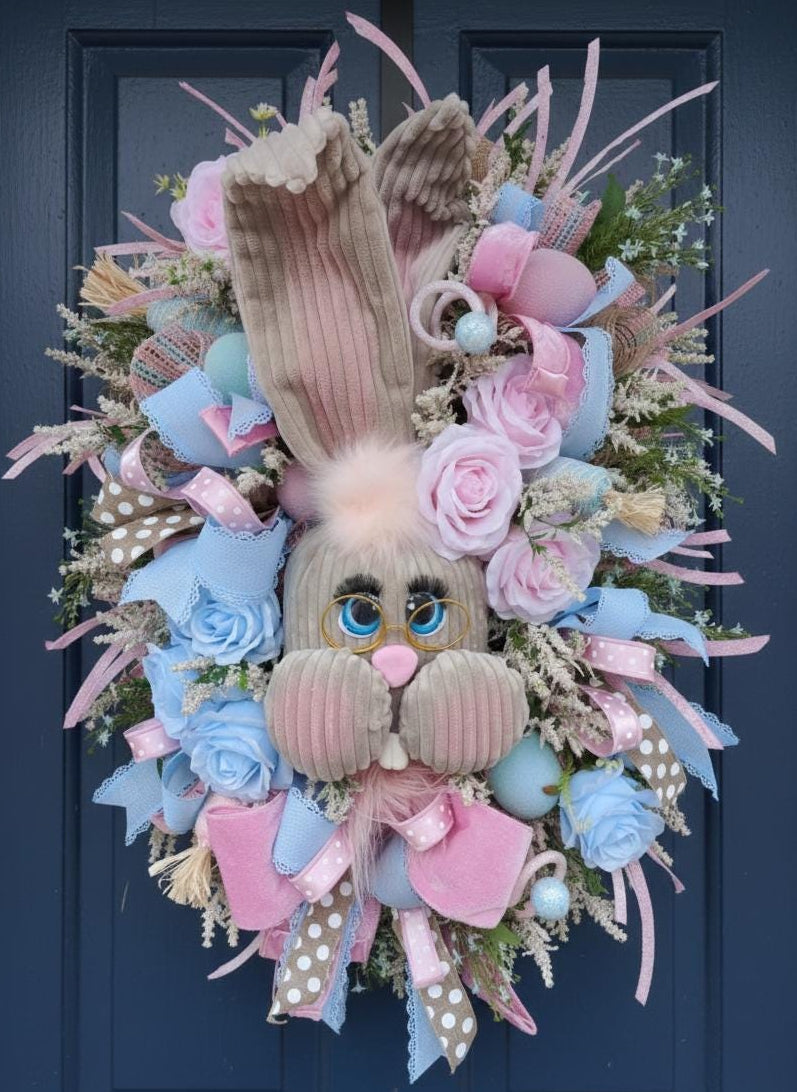 Easter bunny wreath pastel pink and baby blue large XL deluxe large ear rabbit