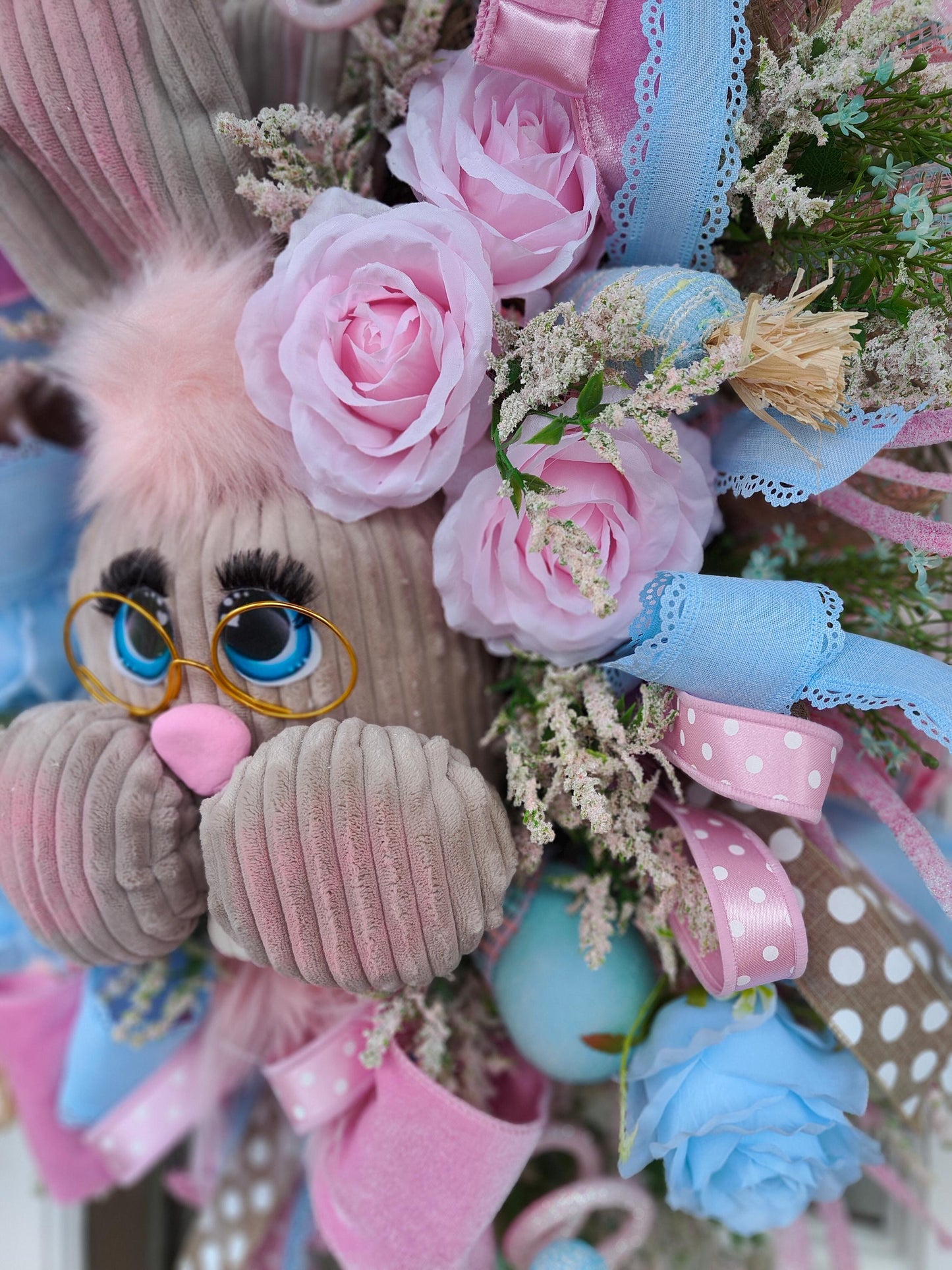 Easter bunny wreath pastel pink and baby blue large XL deluxe large ear rabbit