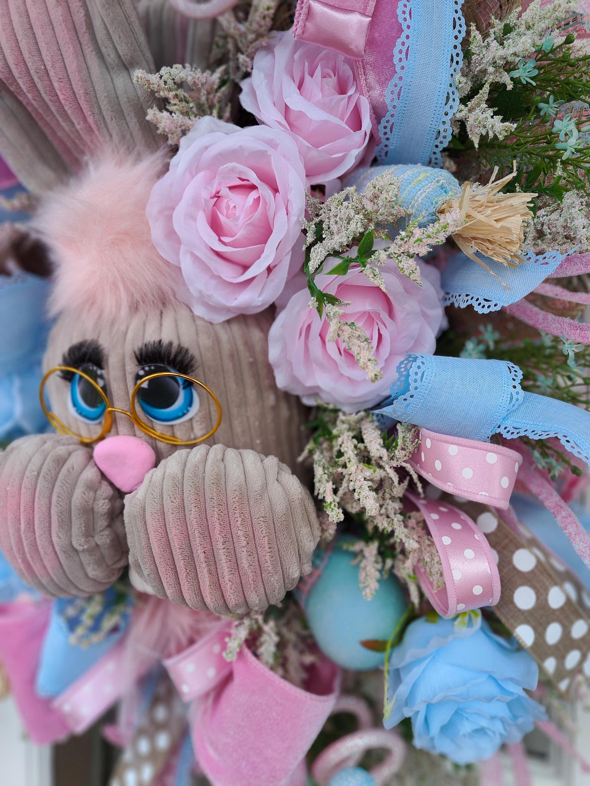 Easter bunny wreath pastel pink and baby blue large XL deluxe large ear rabbit