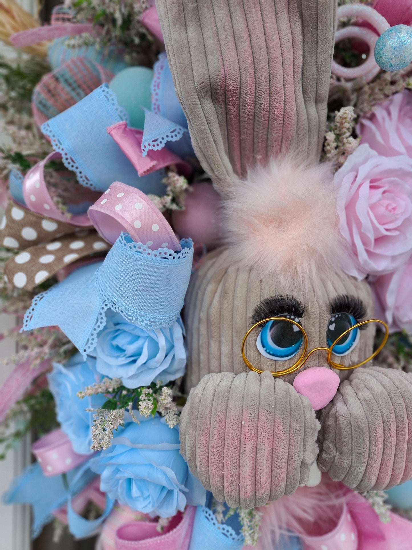Easter bunny wreath pastel pink and baby blue large XL deluxe large ear rabbit