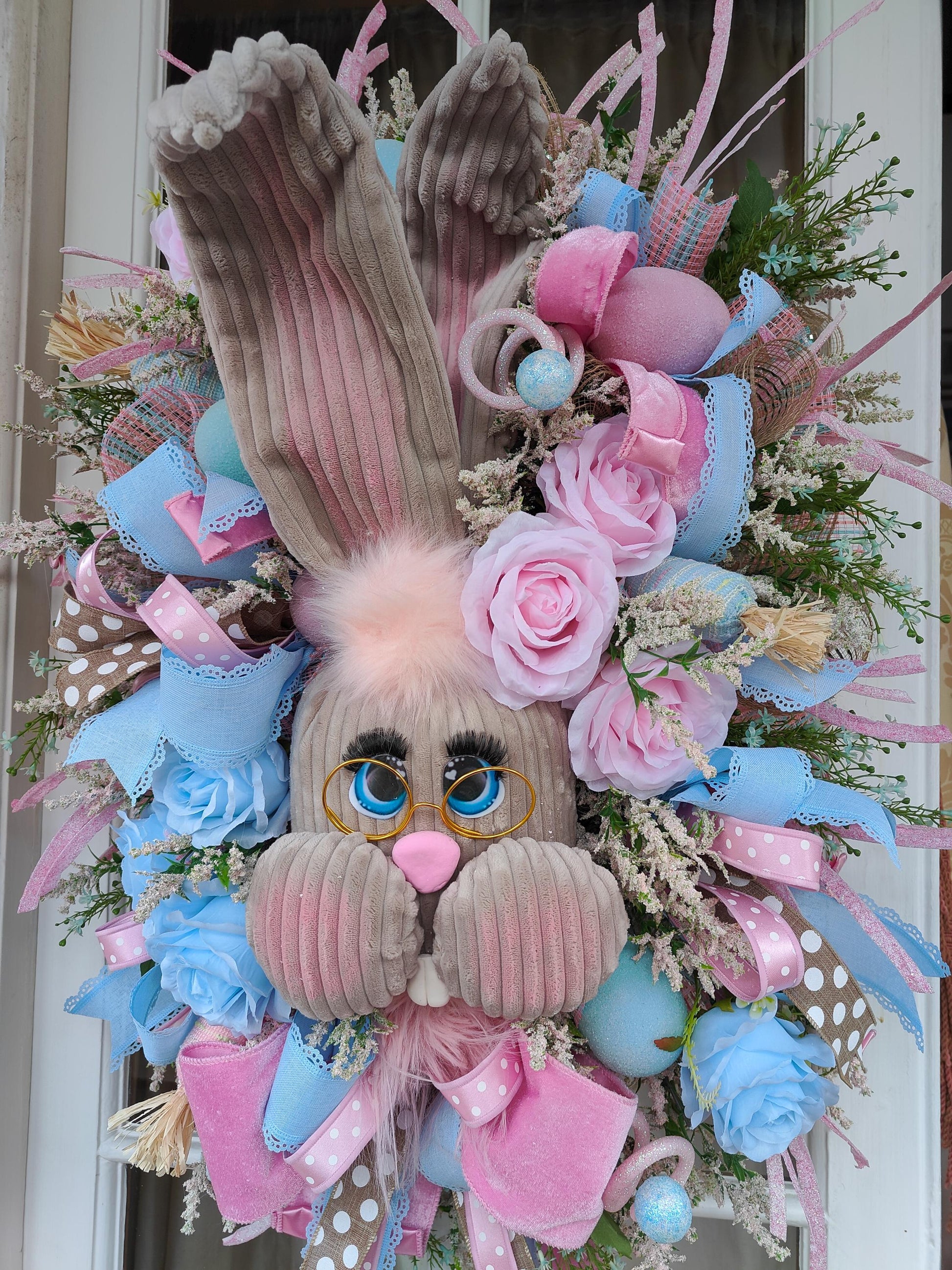 Easter bunny wreath pastel pink and baby blue large XL deluxe large ear rabbit