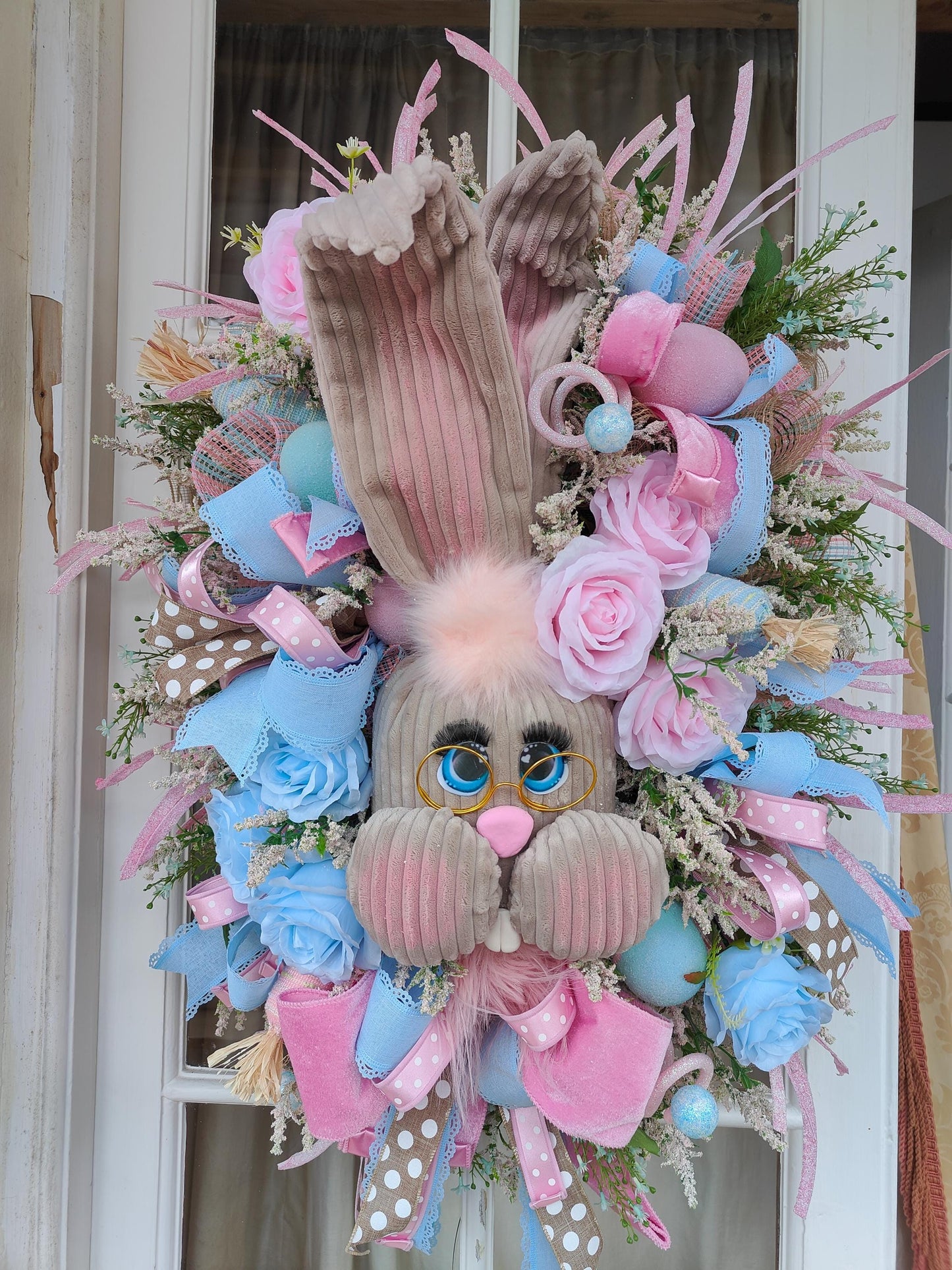 Easter bunny wreath pastel pink and baby blue large XL deluxe large ear rabbit