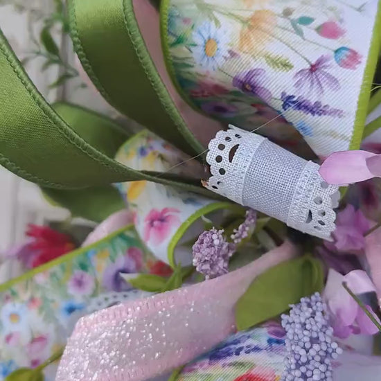 Wreath Spring Summer multi coloured wild flowers Farrisilk ribbons pinks lavenders greens