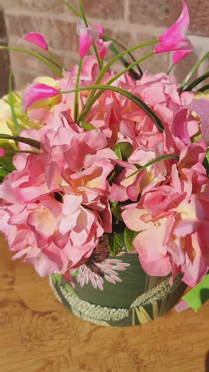 Floral Hat Box: Pink Hydrangeas, Greenery, Home Decor