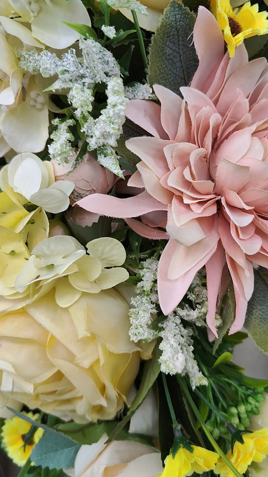 Lemon yellow wreath vintage rose pink large half moon grapevine wreath Spring Summer florals